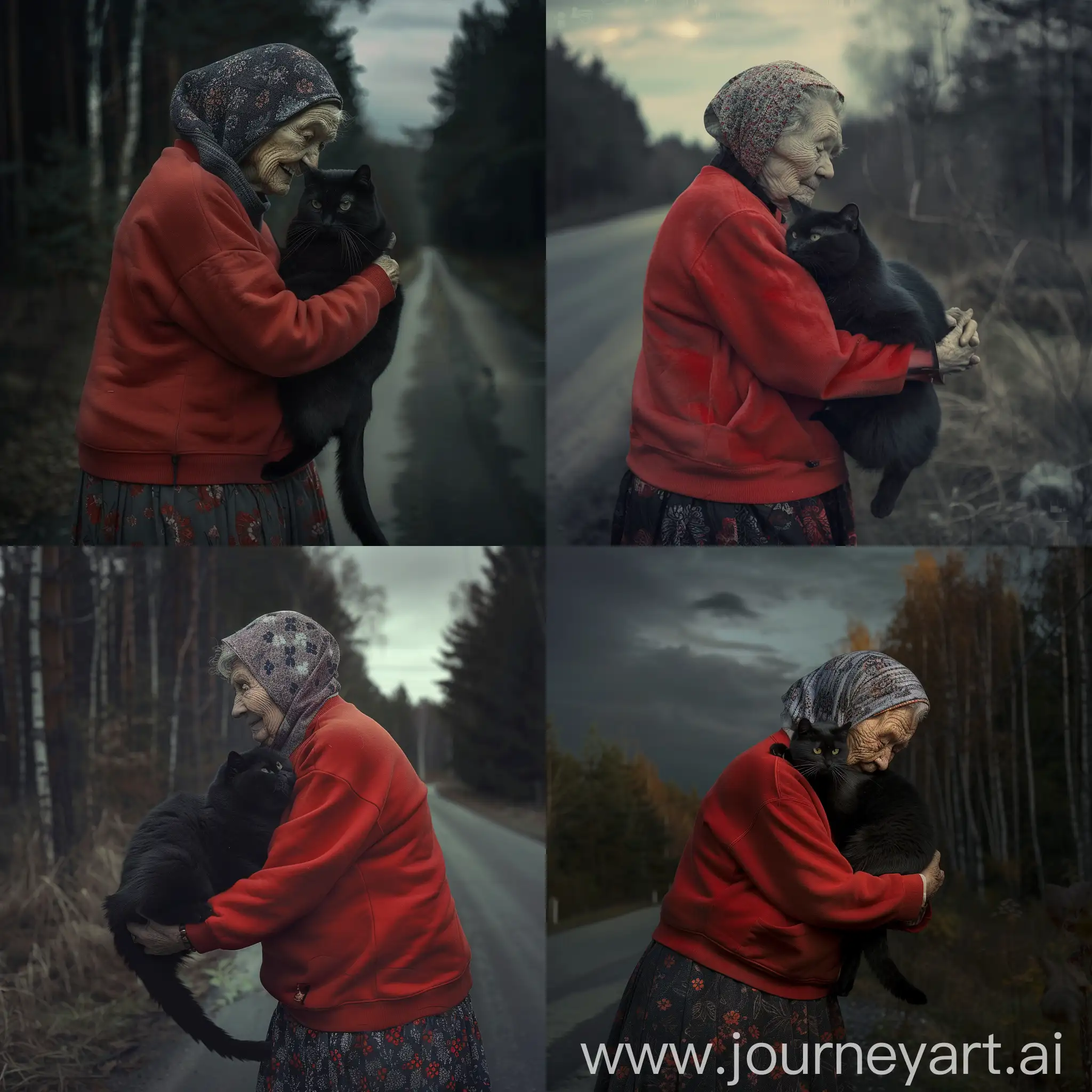 Russian old woman with hunchback, slim, old face with wrinkles, wearing russian babushka headscarf, red sweatshirt, long baggy skirt with flower pattern, cold weather, embracing an ugly creepy black cat, near a road, creepy trees, dark eerie, midnight, dramatic lighting
