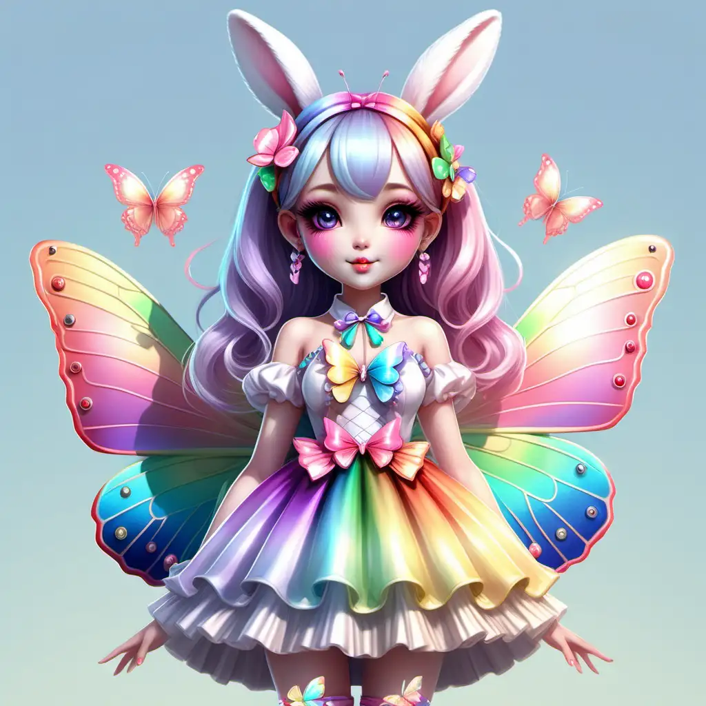 a beautiful very trendy style butterfly bunny kawaii girl, in a beautiful and glamorous outfit. rainbow pastel colors. Beautiful details factions. High quality.  HD.  no background. Thomas Kinkade style --ar 4:5 --niji 5