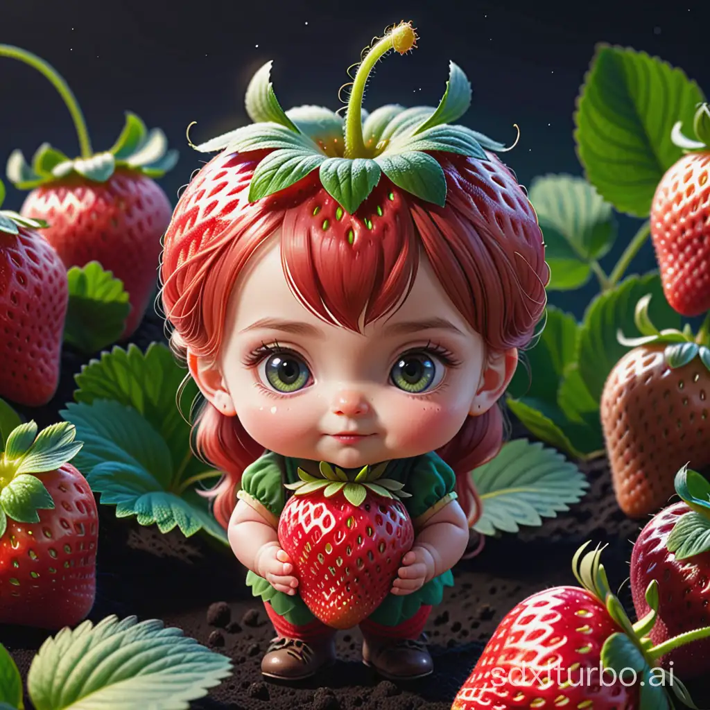 Strawberry dwarf, tender and cute, lives inside a strawberry