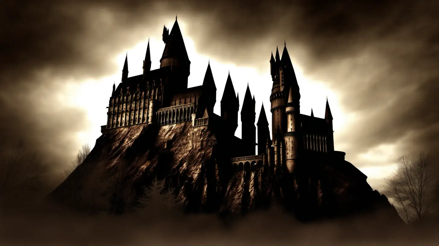 hogwarts castle, dark, broody, sepia toned