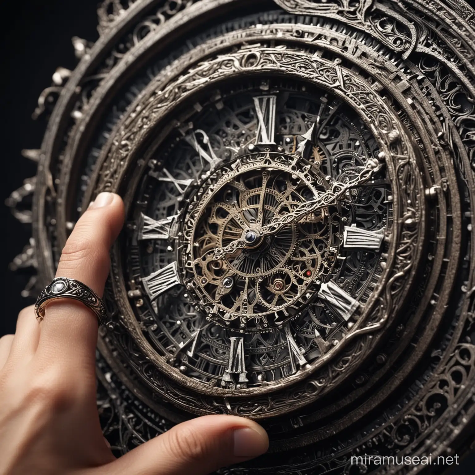 Time Manipulators Ring Intricate Design with Sharp Focus and Detailed Shape Lines