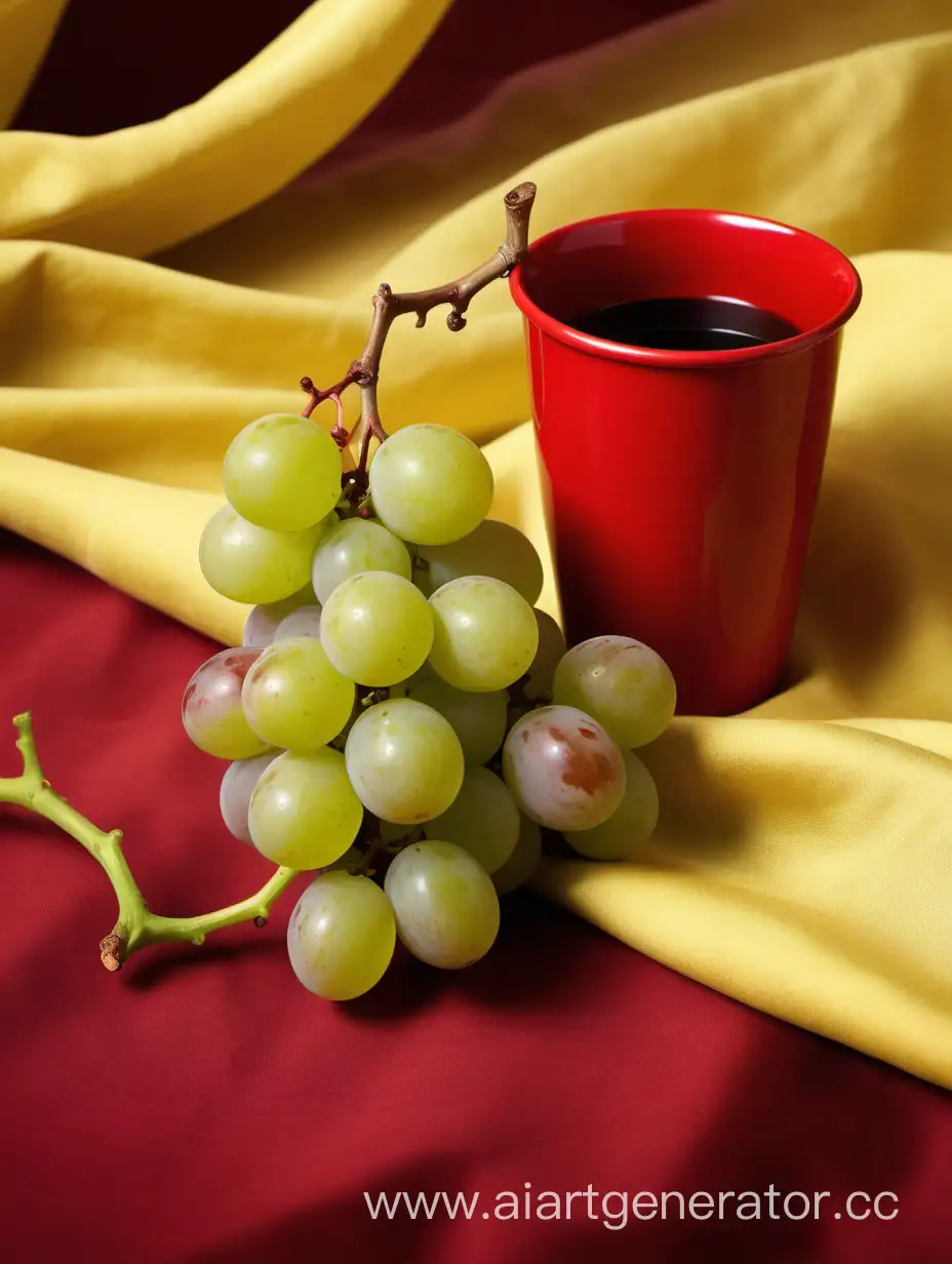 контрастный натюрморт. ветка зеленого винограда лежащая на ткани и красная кружка. на фоне желтой драпировки с природным освещением не ярким. точка зрения выше, с небольшим наклоном