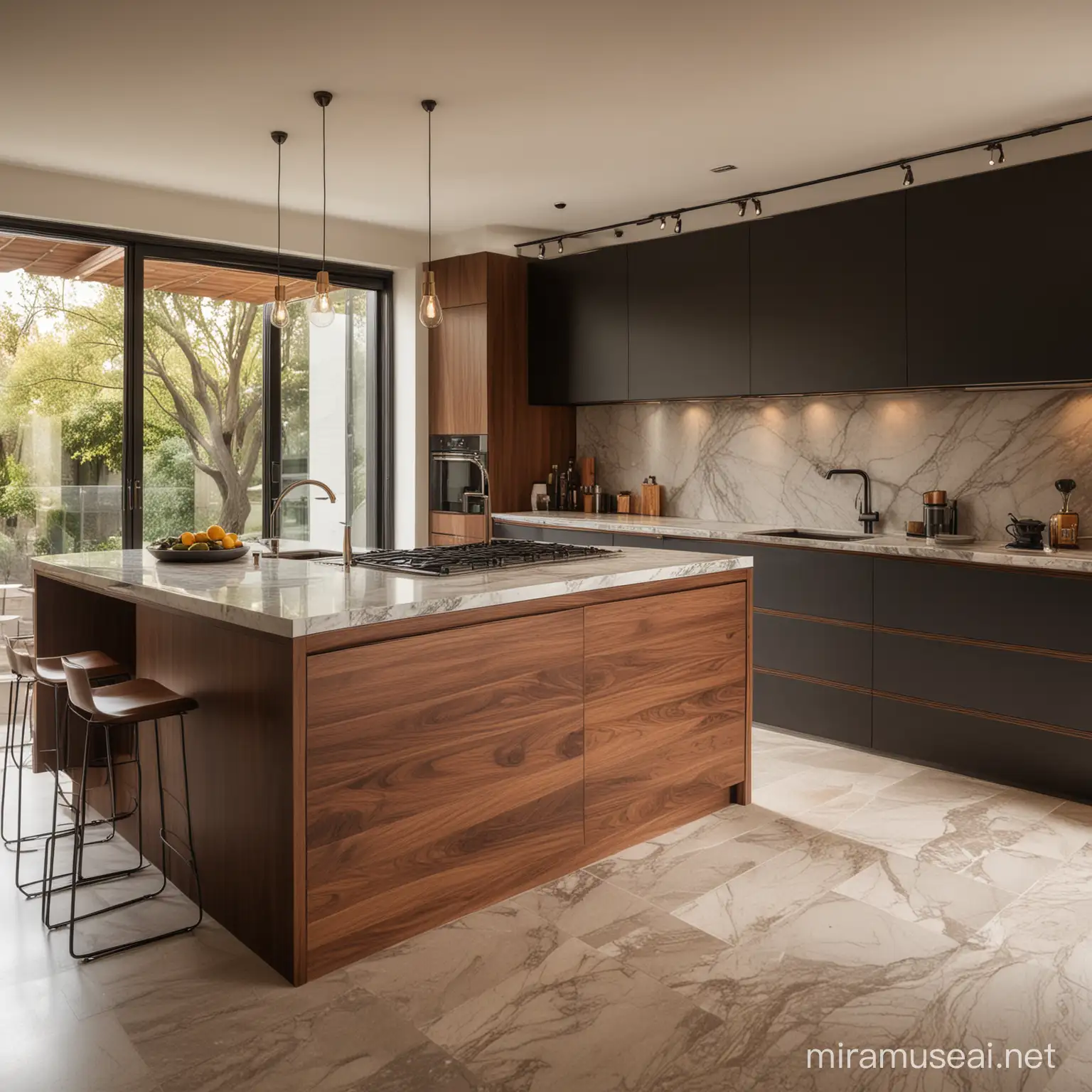 Modern Walnut Kitchen with Black and Brown Marble Accents under Warm Lighting