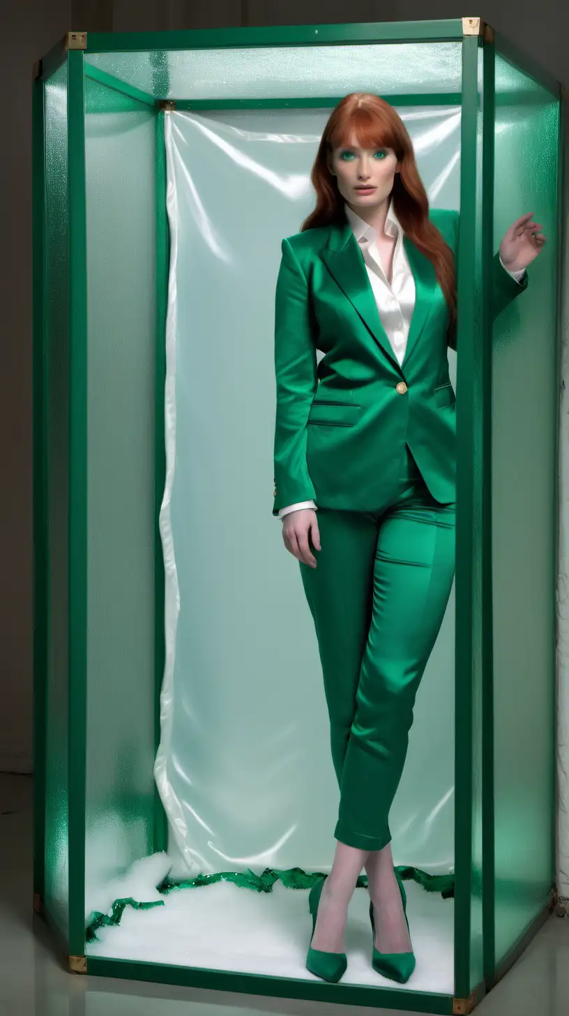 Bryce Dallas Howard in Elegant Emerald Ensemble Captured in Transparent Box