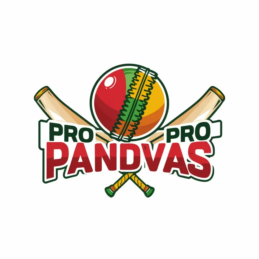 a logo design,with the text "Pro Pandvas", main symbol:Red ball Cricket , bat indian flag ..middle bat , with tri colour,,bowler ,red ball,Minimalistic,clear background