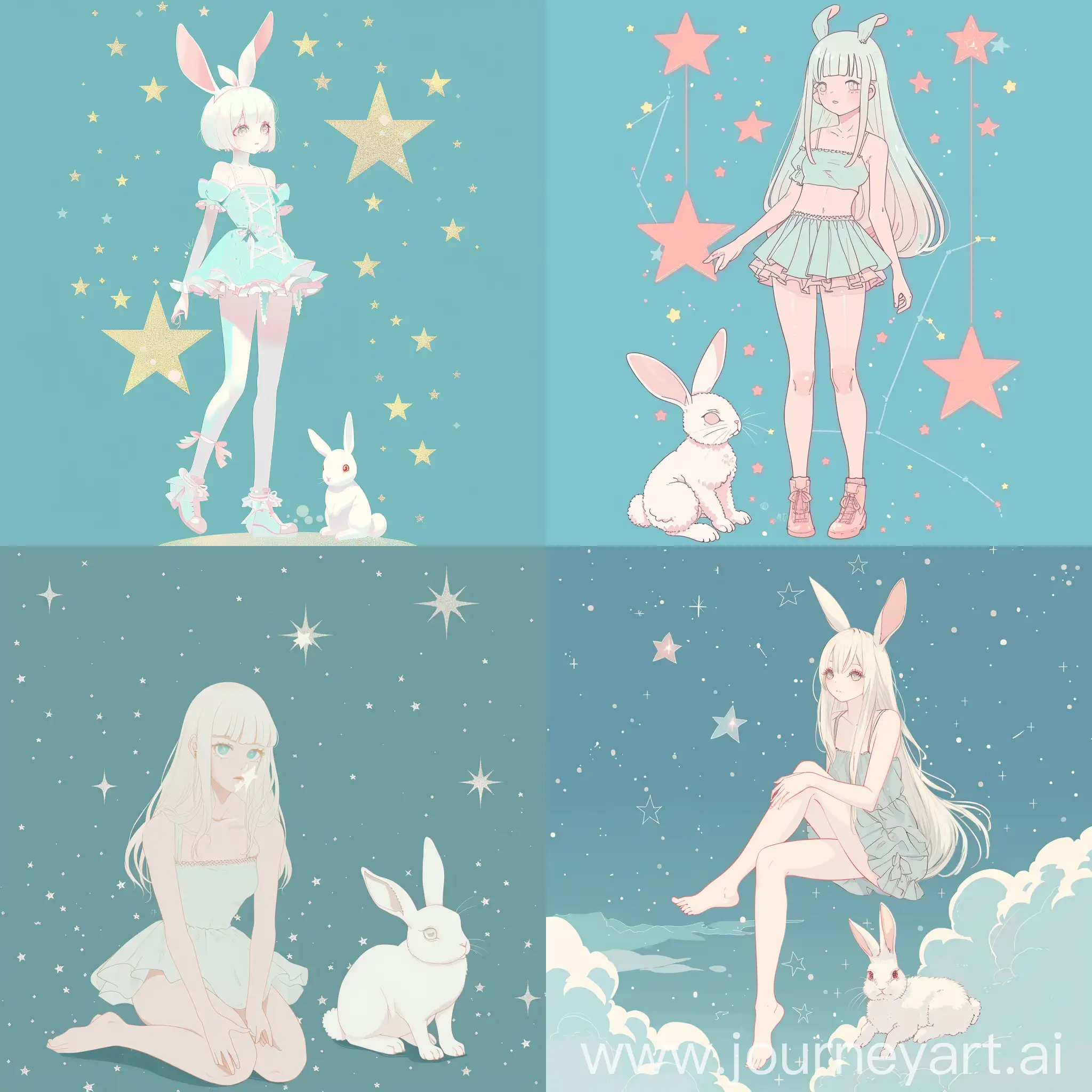 pastel flat illustration, stars, rabbit, albino anime girl, full body