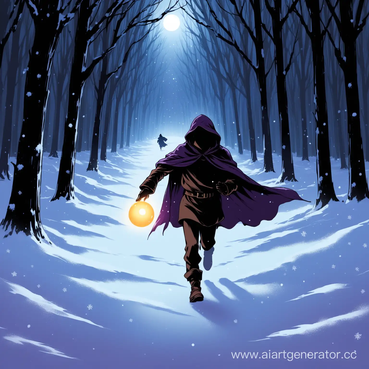 Русый парень,лет 17, в темно-фиолетовой мантии с светящимся маленьким шаром в руке ,убегает по зимнему темному лесу от темных силуэтов в мантии