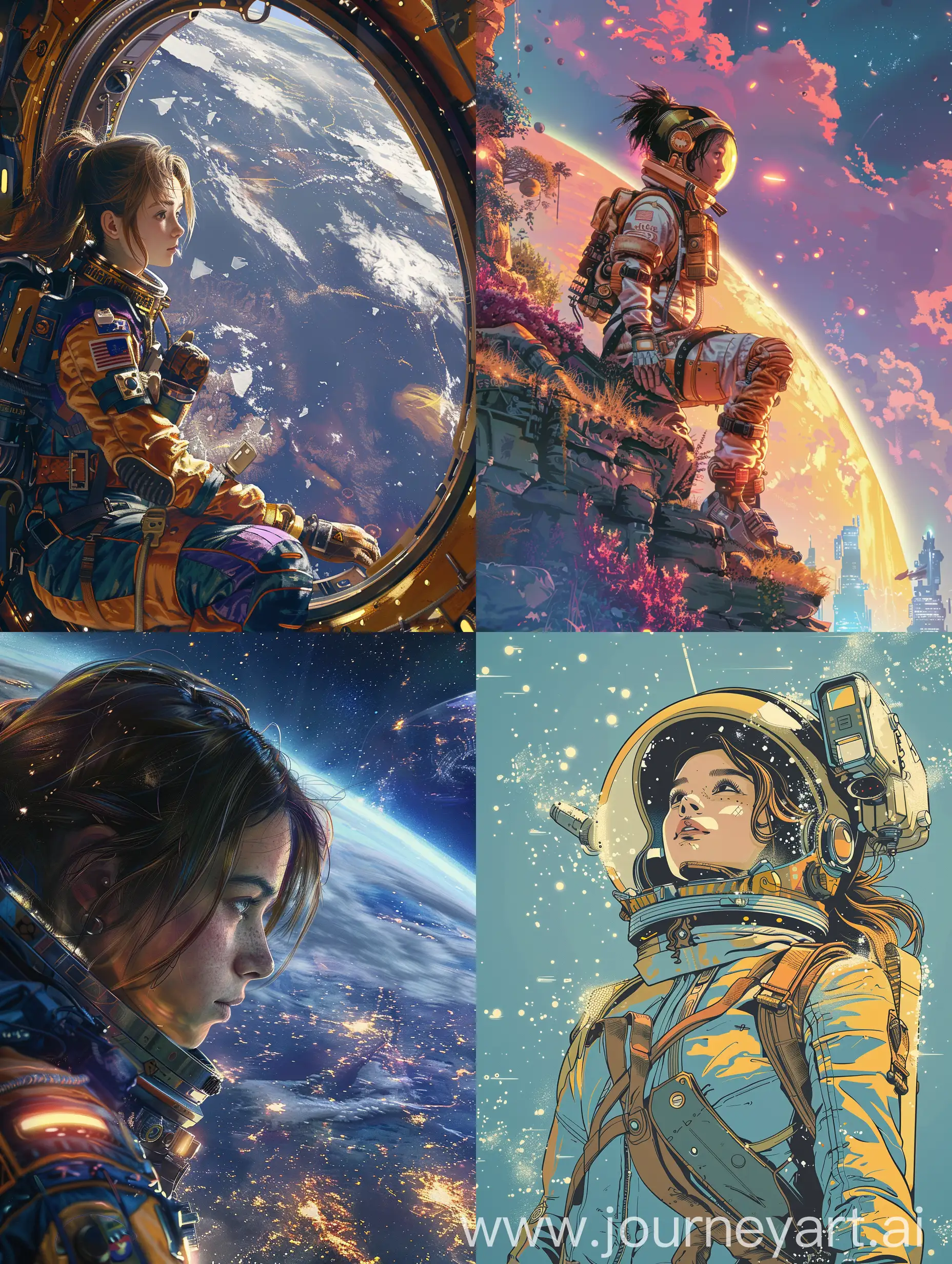 Create a visually exciting and challenging illustration in a realistic fantastic style of a beautiful young woman Space Nomad and Wanderer and asronaut longs for awesome earth. The illustration should depict a scene show grand scale, and incorporate influences from cosmoopera in comic style --s 250