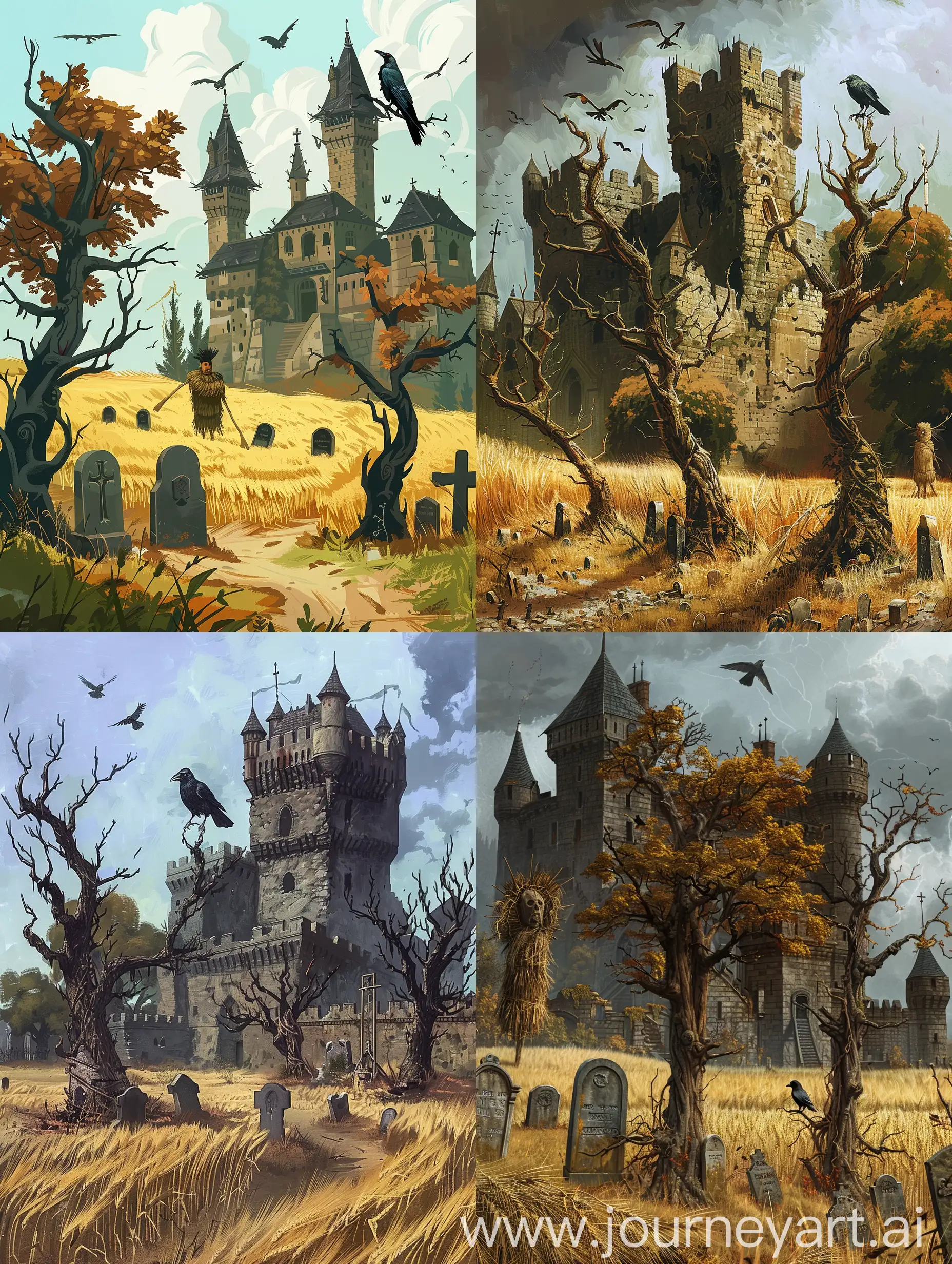Eerie-Castle-with-Cemetery-Scarecrow-and-Crow-Haunting-Gothic-Scene