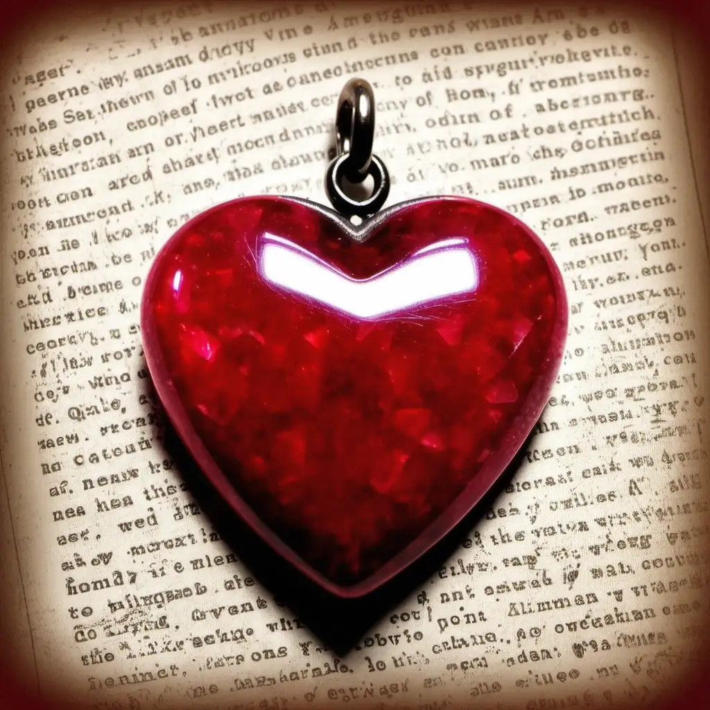 Red gemstone heart charm 

Background: interior of Vintage American home 