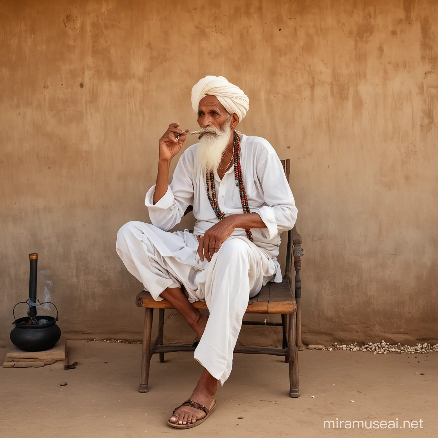 Elderly Rabari Farmer in Gujarat India Smoking Cigarette