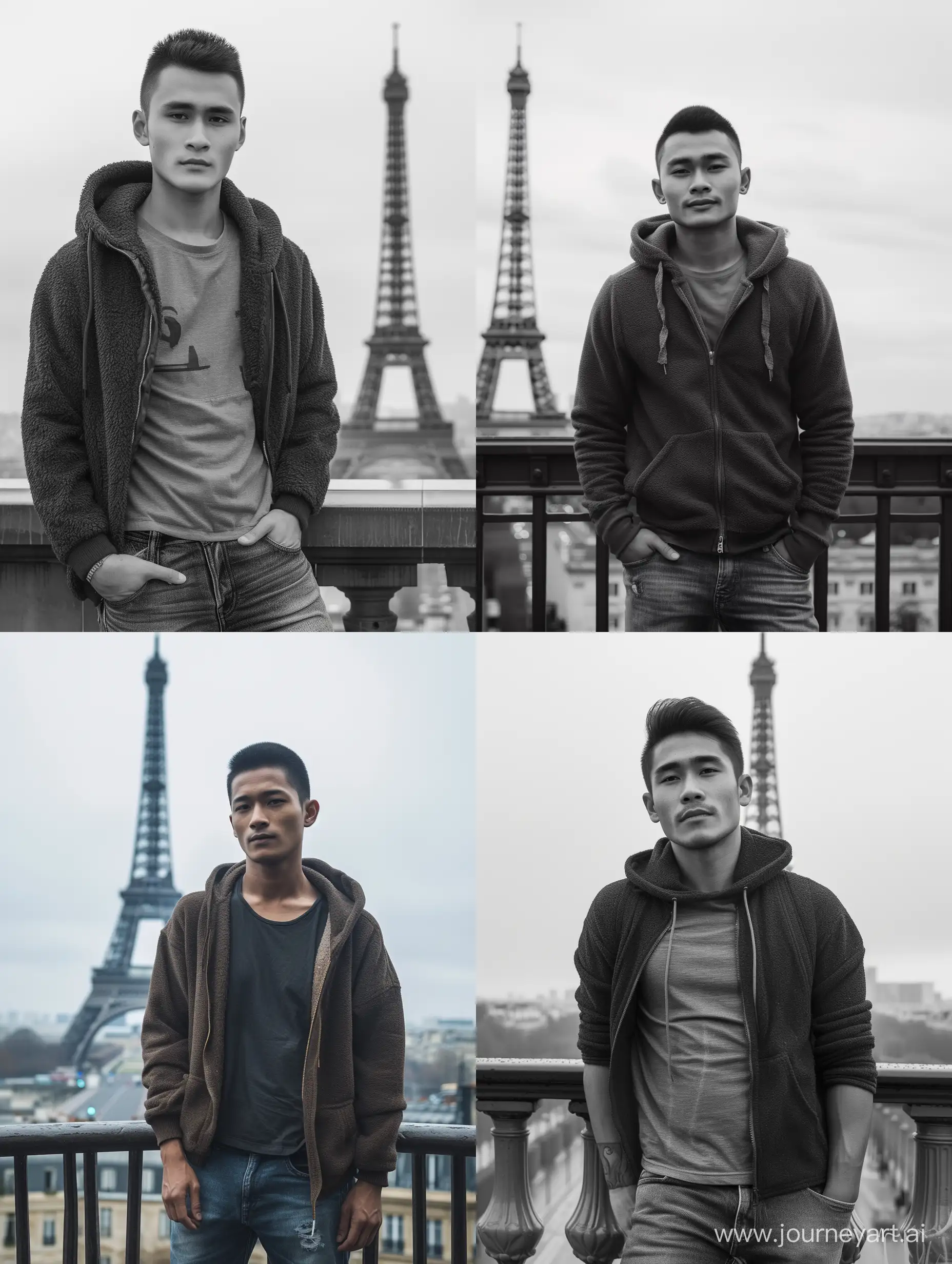 an Indonesian Javanese man (25 years old, oval and clean face, thin body, Indonesian-style skin, wearing a thick winter hoodie t-shirt, jeans) standing posing like a Parisian model, photography style front photo, face visible, view of the Eiffel Tower just right behind him, the lighting is minimal. ultra HD, real photo, very detailed, very sharp, 18mm lens, realistic, photography, leica camera
