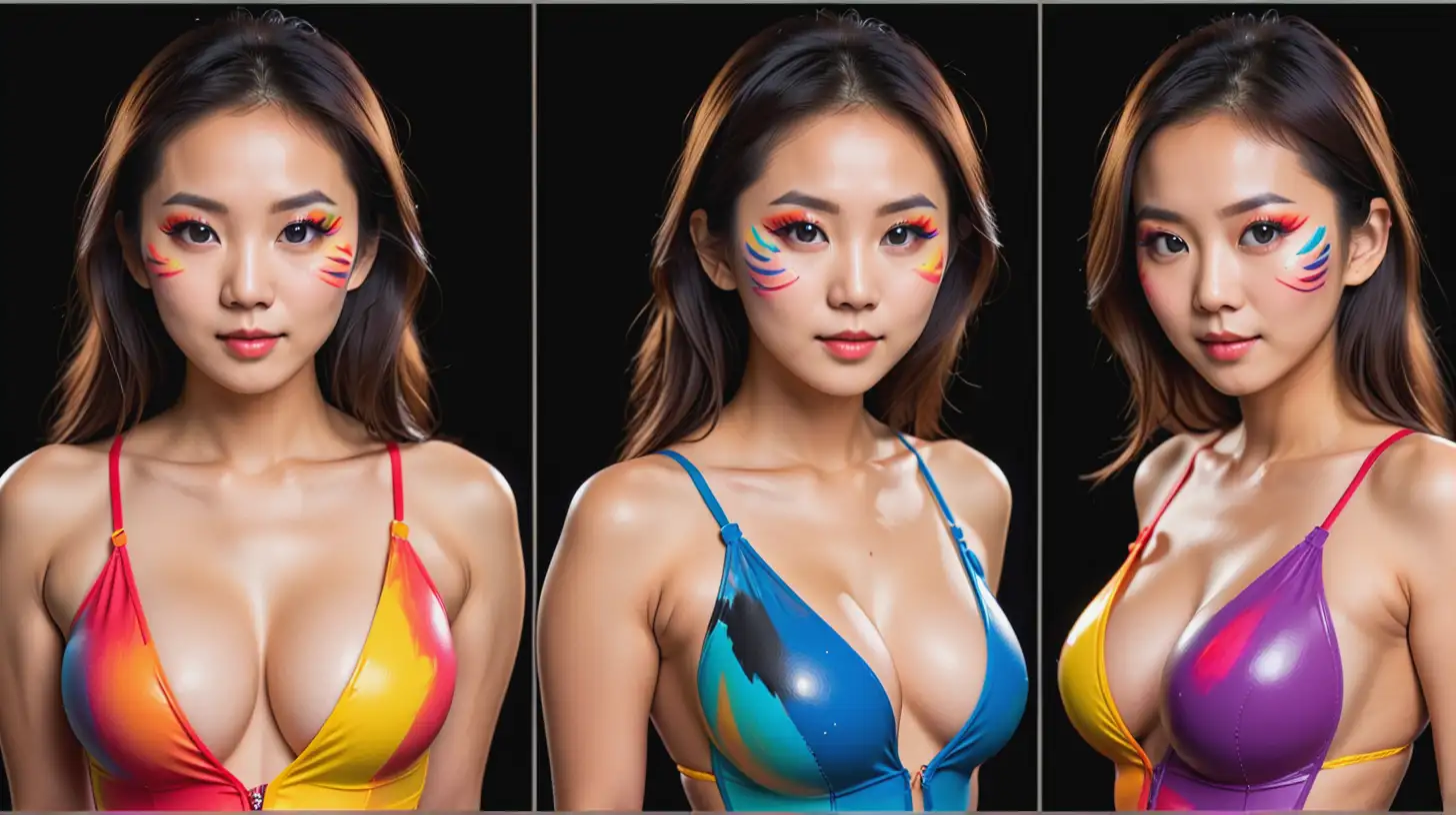 A pretty 28 year old Asian woman. She is wearing body paint in a range of colors. cleavage. Posing. 3 section split screen showing front, side and behind profile. 
