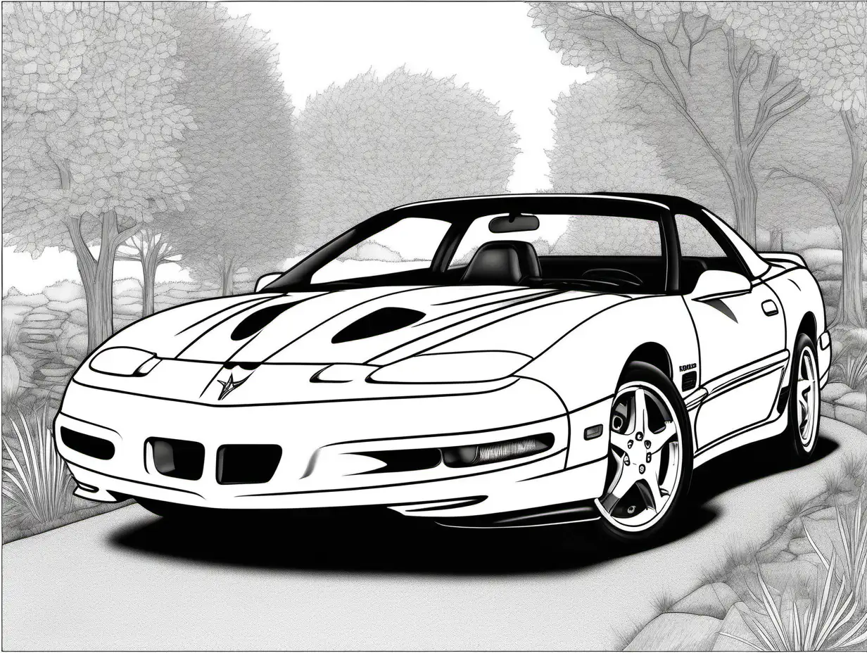 coloring page for adults, 1997 Pontiac Firebird Formula WS6, high detail, no shade