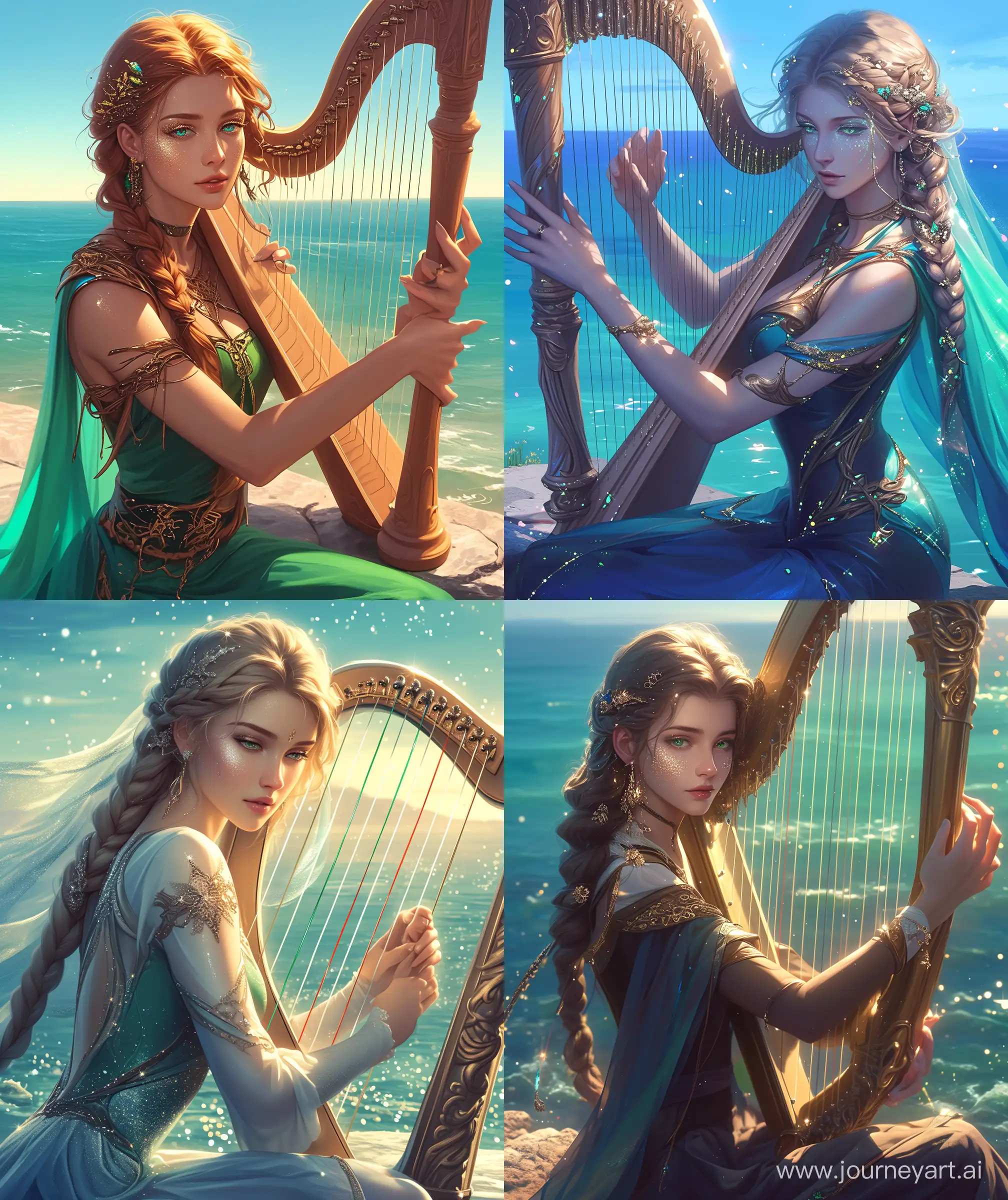Beautiful semirealistic woman, playing harp, sit on stone beside ocean, calm facial expressions, sea green eyes, braided hair, glittering face makeup, magical glittering atmospher , cool tone, sparkle shiny hair accessories, upper body, --ar 27:32 --niji 6