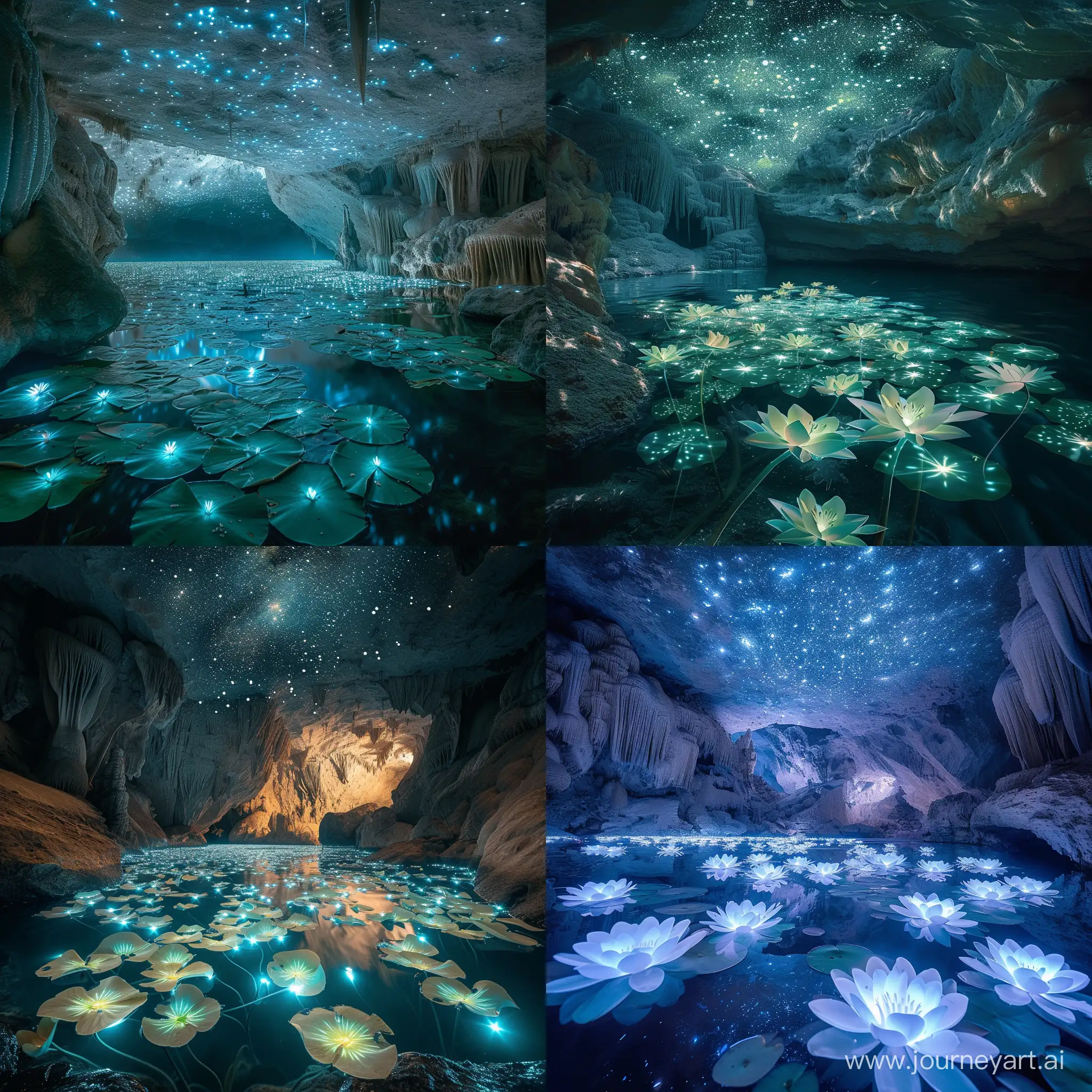 Enchanting-Bioluminescent-Cave-with-Starry-Sky-Ceiling-and-Luminous-Water-Lilies