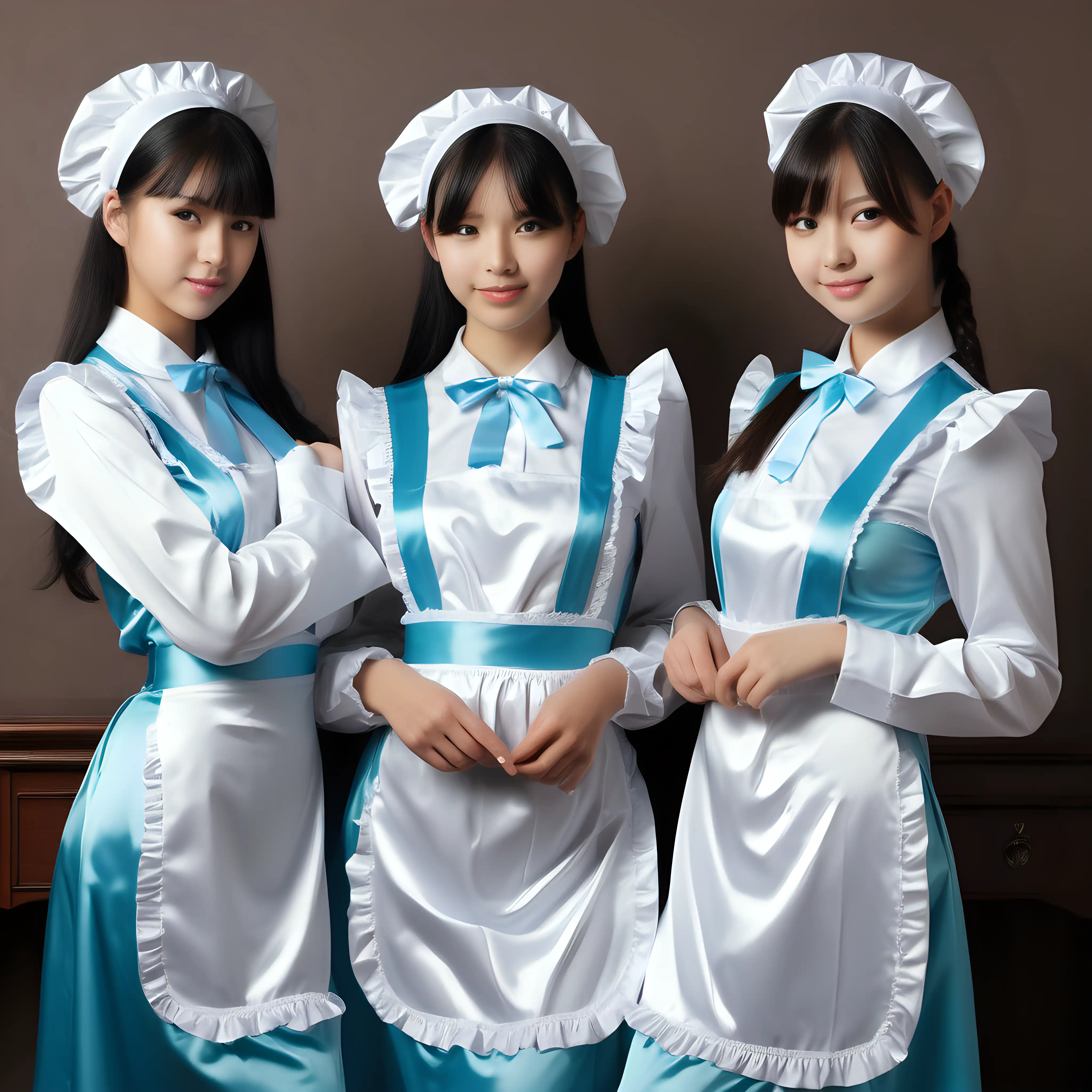Elegant Girls in Satin Maid Uniforms Engaging in Delightful Activities