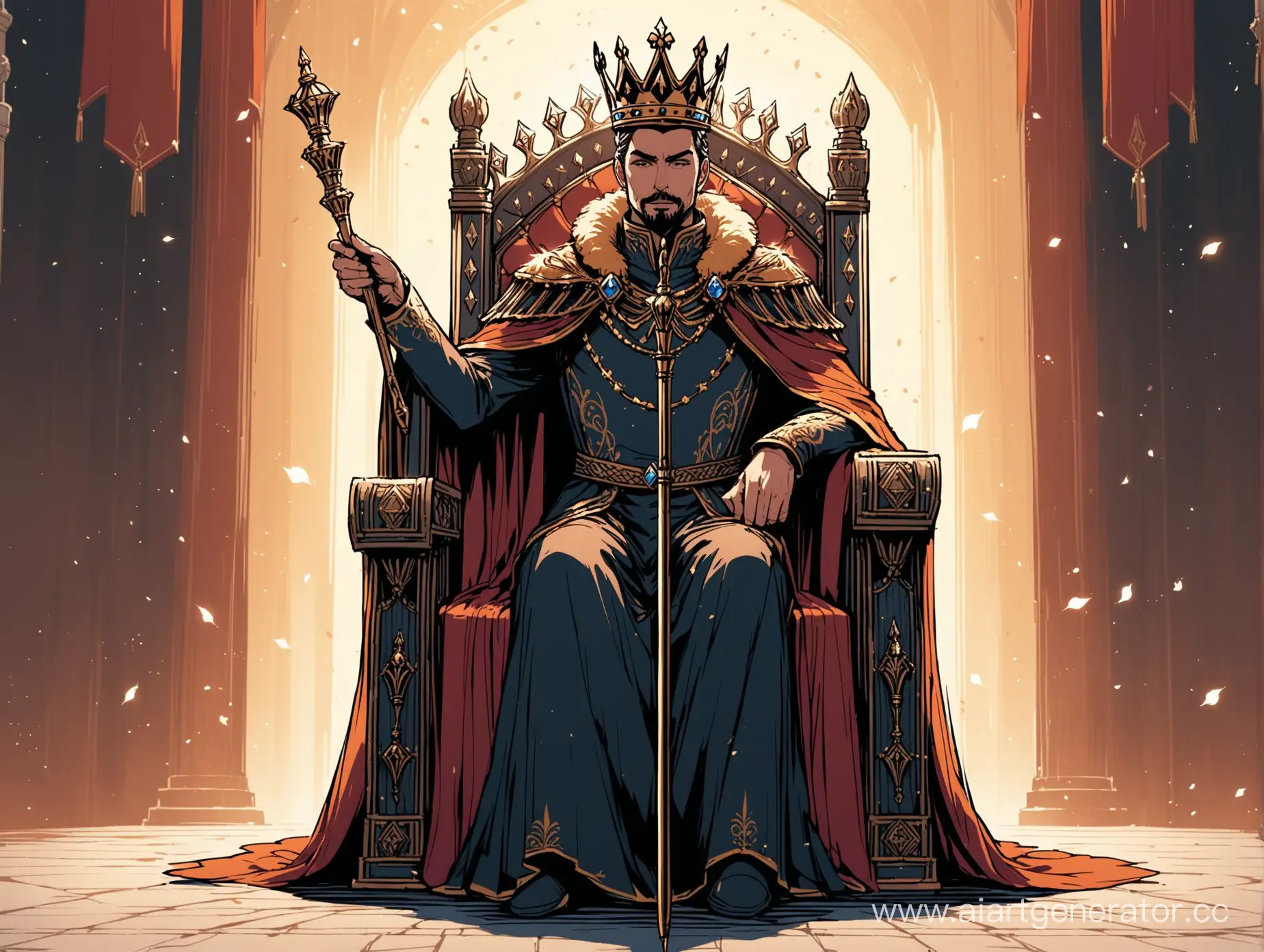 Наресованная печенька монарх,с жезлом в руке,сидящий на троне