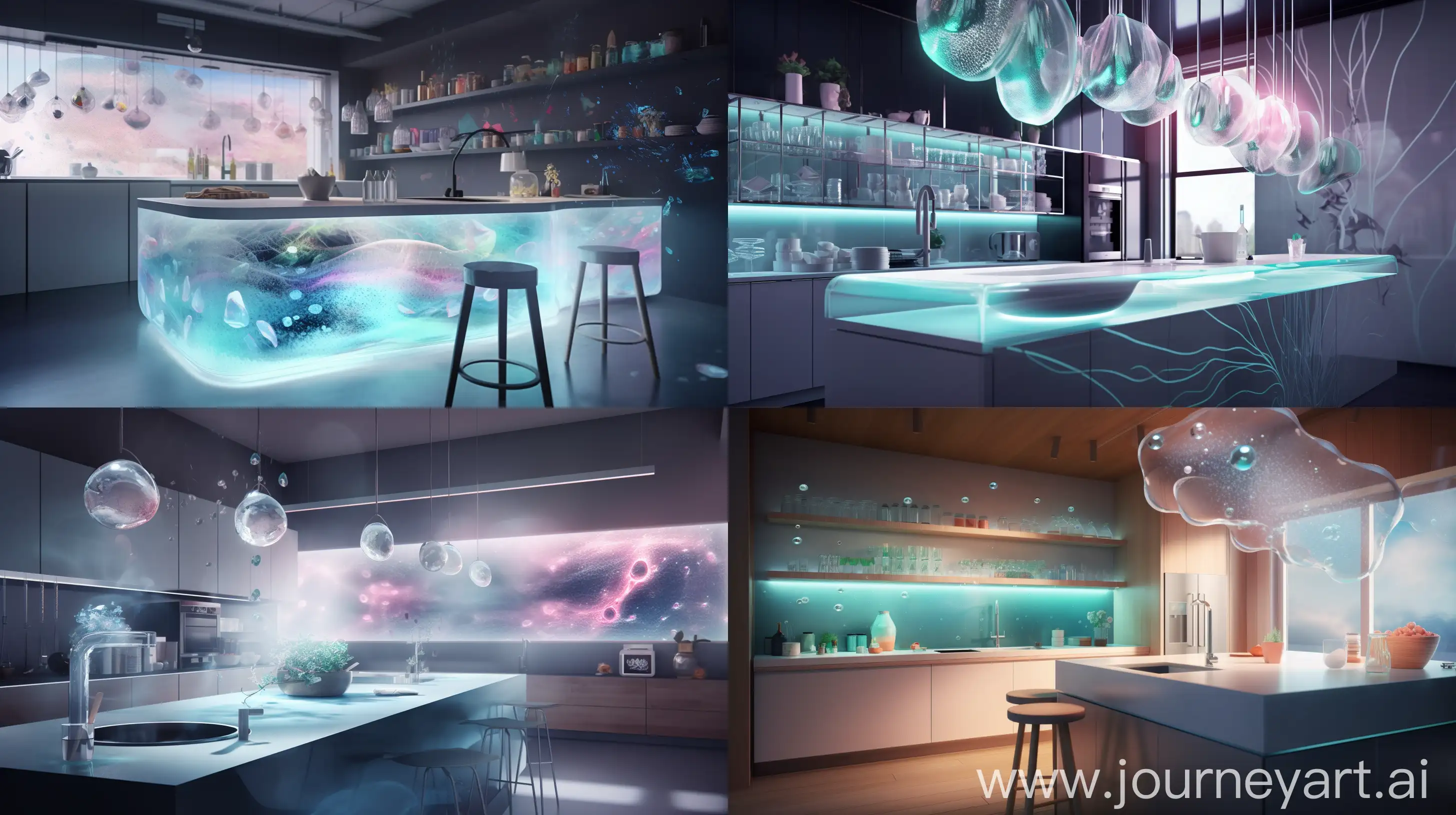 /imagine prompt: A futuristic kitchen with holographic eco-friendly dishwashing pods, soft ambient lighting, showcasing the pods' sleek design, transparent water splashes, emphasizing their efficiency and environmental consciousness, Illustration, digital art, --ar 16:9 --v 5