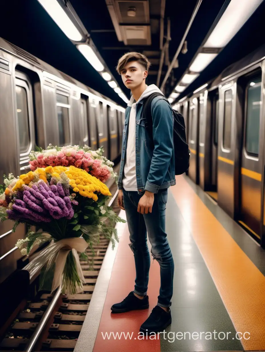 молодой парень стоит в метро с цветами, на одной из линий стоит поезд, фото в полный рост