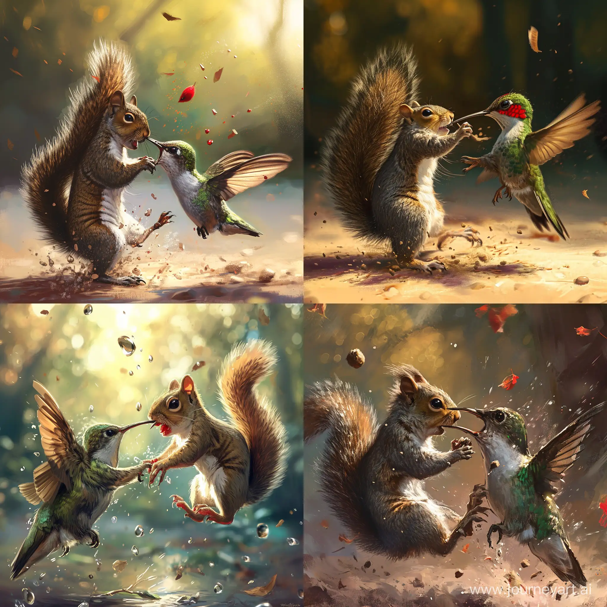 Squirrel fights hummingbird in anime style, epic battle, battle to the death