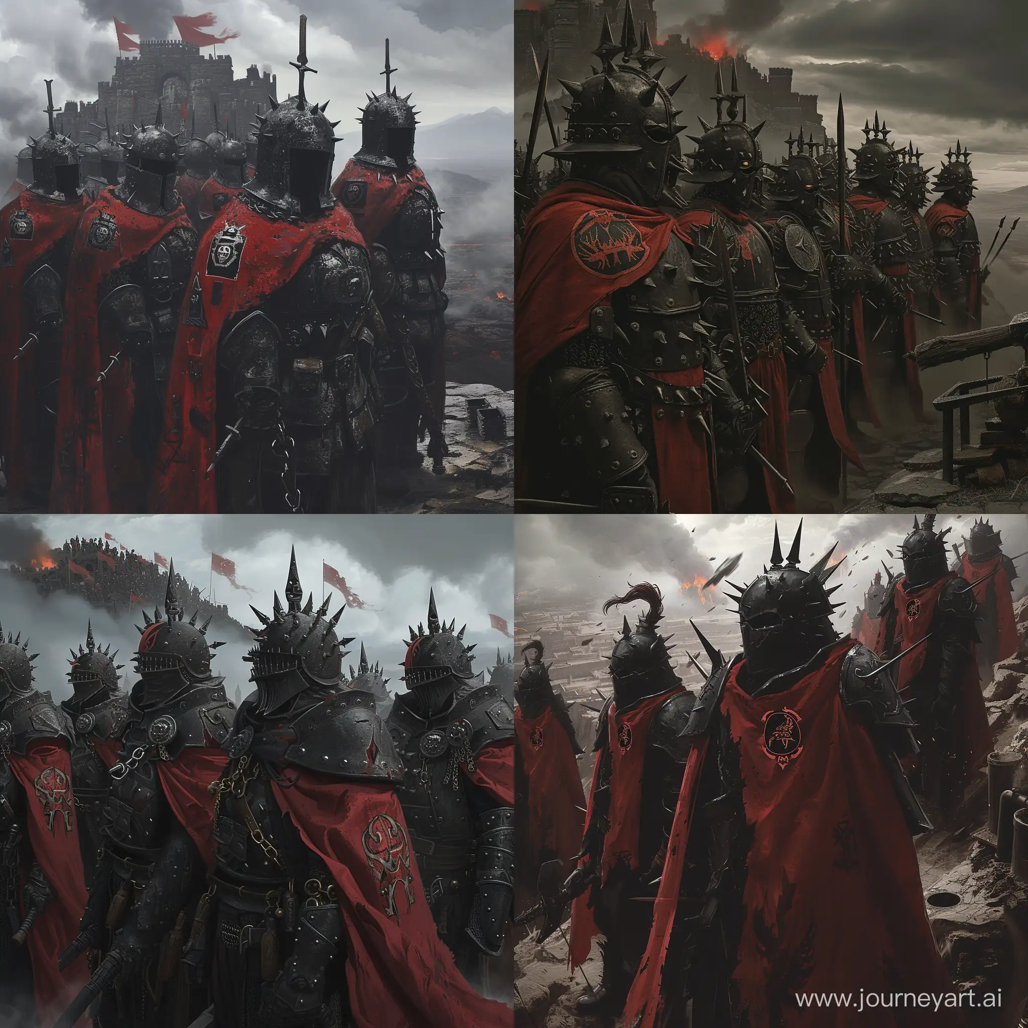 a bunch of Ironclad Legions wearing Heavy, blackened armor adorned with spikes and intimidating motifs. Crimson capes with the clan's symbol. Masks resembling menacing war helmets, in a fortress atop a desolate, volcanic mountain, surrounded by a sea of dark clouds. Furnaces and blacksmithing workshops echo with the sounds of forging ,1970's dark fantasy style, gritty, dark, vintage, ultra detailed