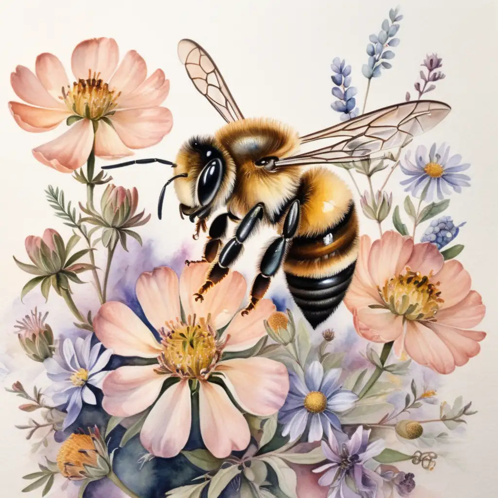 Vibrant Watercolor Painting of a Majestic Bee Over Muted Floral Landscape