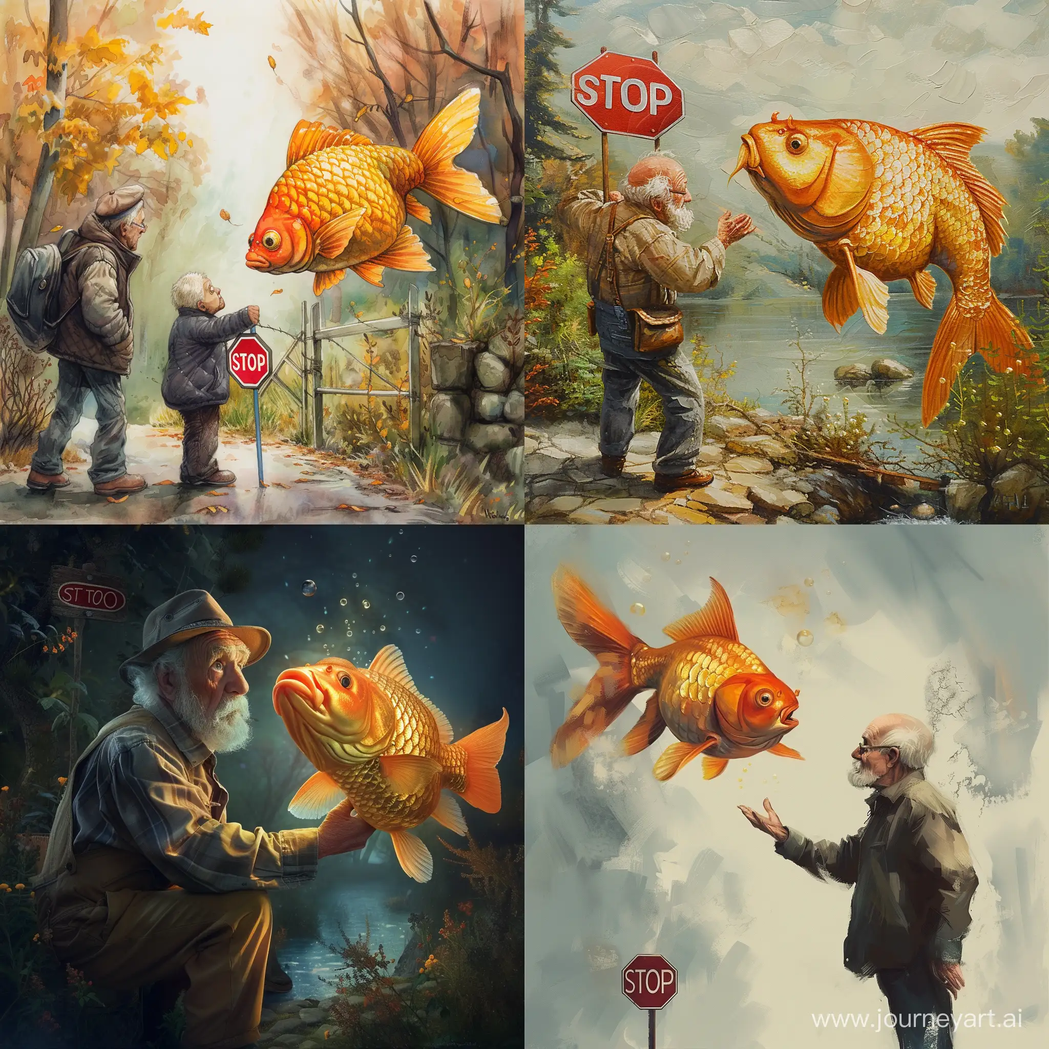 Fairy-Tale-Scene-Grandpa-Encounters-a-Golden-Fish-Holding-a-Stop-Sign