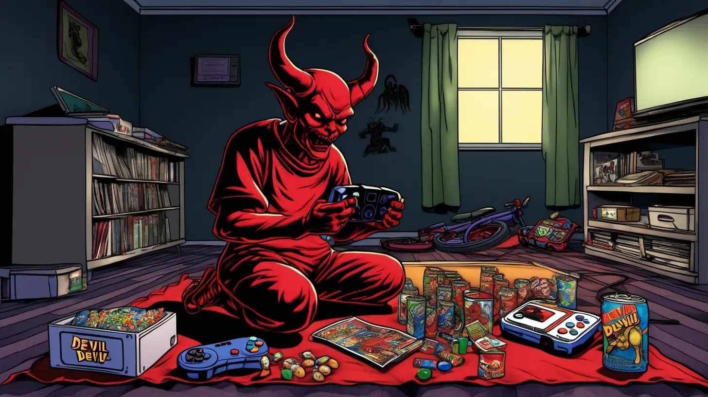 An evil depiction of the devil,  playing Nintendo 64, sitting Crisscrossed on the floor of a child's bedroom, playing the game mariokart on the Tv, sitting next to him Is a 2 litre of soda, bowl of chips and empty candy wrappers, the room is dark and ominous the only light is the light on the tv exposing the detailing on the devils face, he had his back to the camera, extreme detailed digital art, dramatic lighting 
