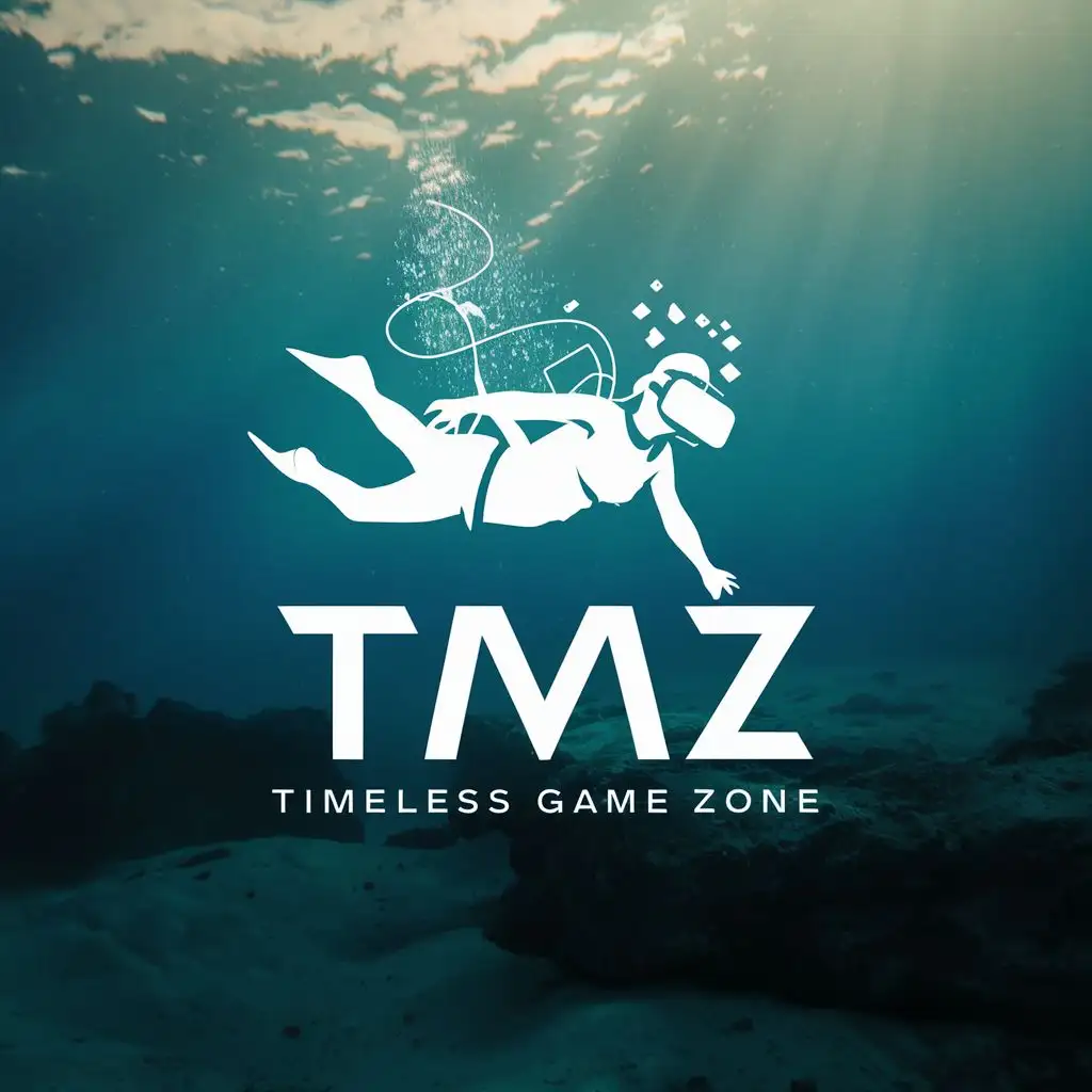 logo, Diver with Virtual reality headset diving at the sea bed, with the text "TIMELESS GAME ZONE,  acronymn TMZ", typography, be used in Entertainment industry