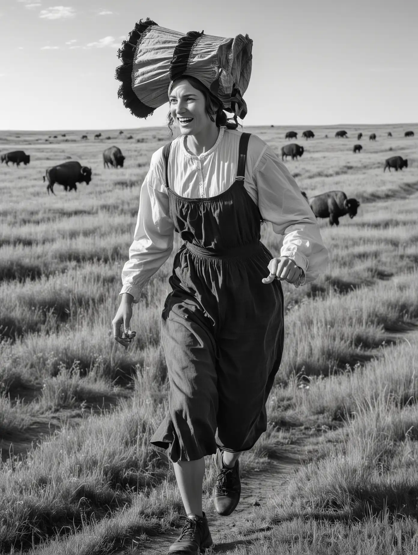 A woman runs through the prairie. She is a pioneer and wears a bonnet. there are buffalo in the background. Seen from the side.  In black and white. 