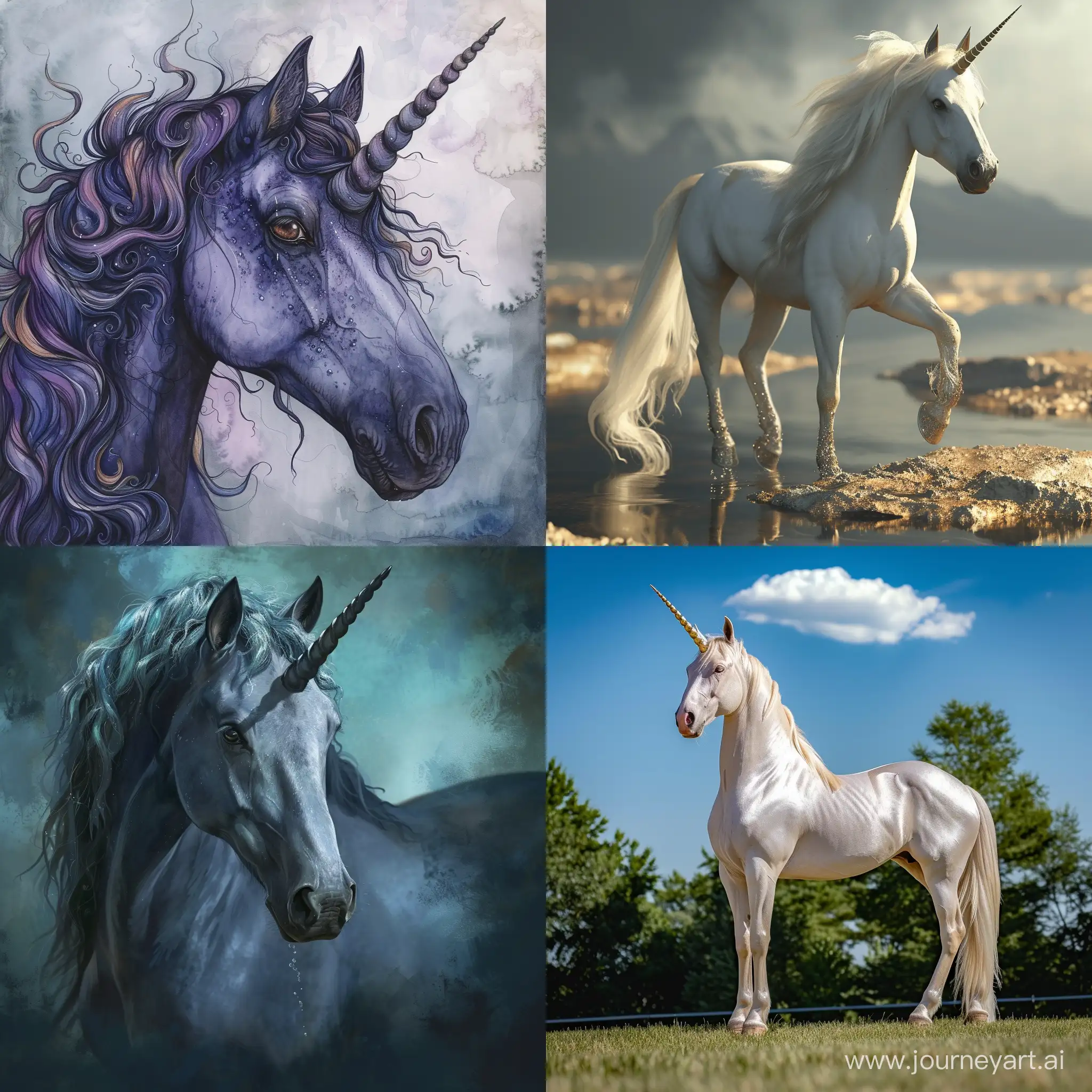 Enchanting-Encounter-Troubled-Unicorn-and-Lone-Horse-in-a-Mystical-Landscape