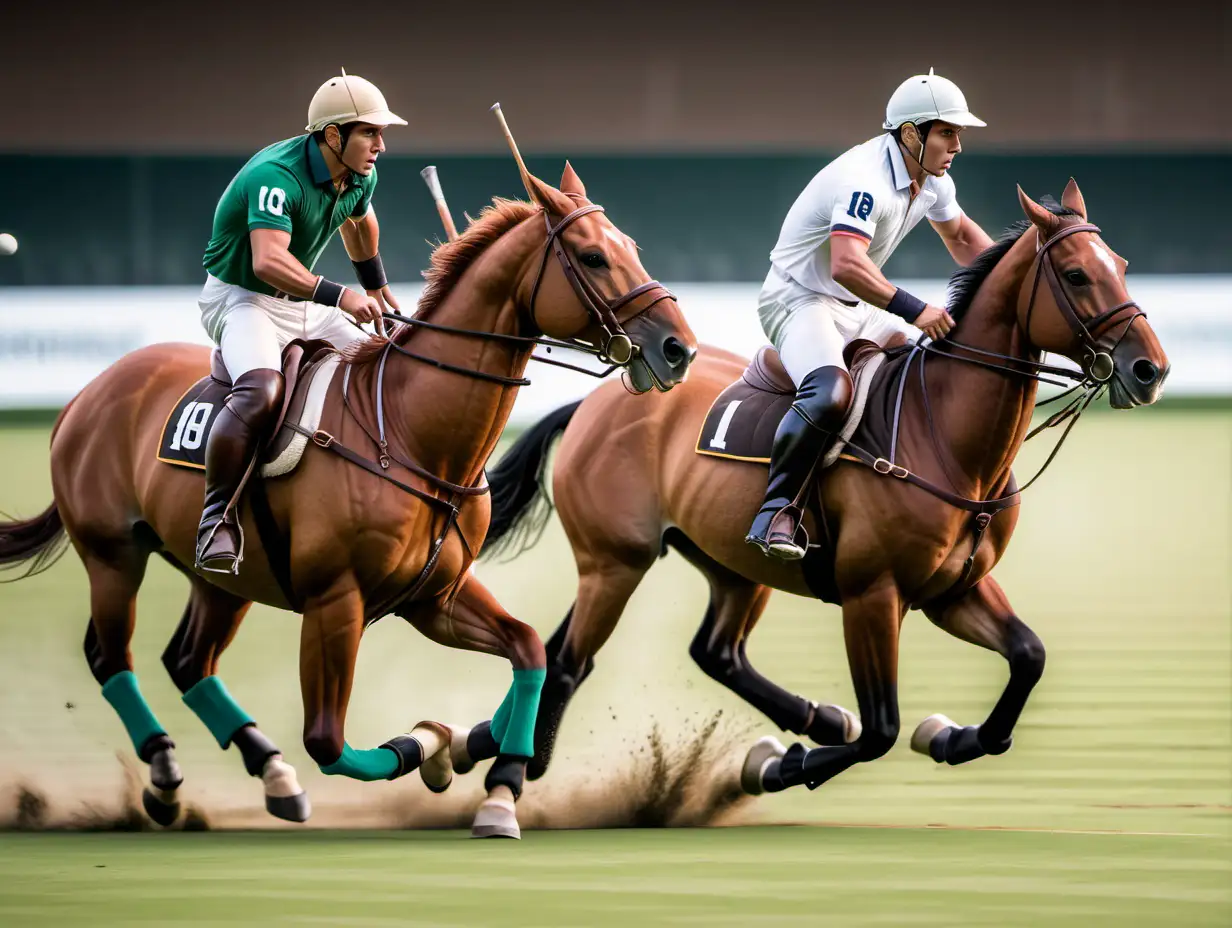 create an image of 2 polo players viewed from the flank side, riding alongside each other, going in same direction, one slightly ahead of the other, reaching out for the ball showing intensity on faces and the power of the horses.