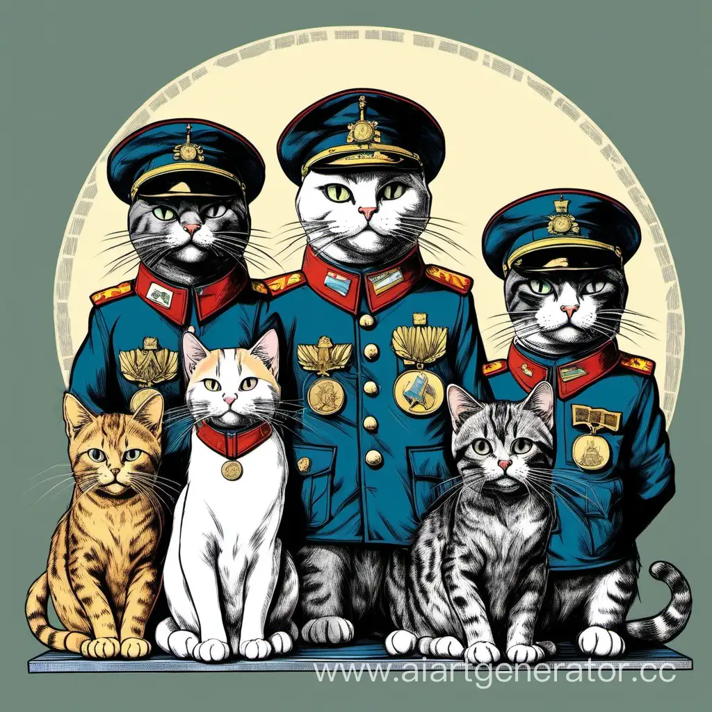 Feline-Soldiers-Adorned-with-Medals-Pose-with-Drawing-of-Siege-of-Leningrad