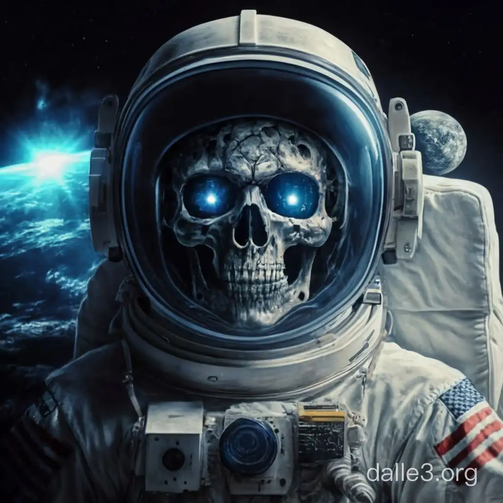 Close up image of astronaut but he is a skeleton watching the earth getting hit by a meteor