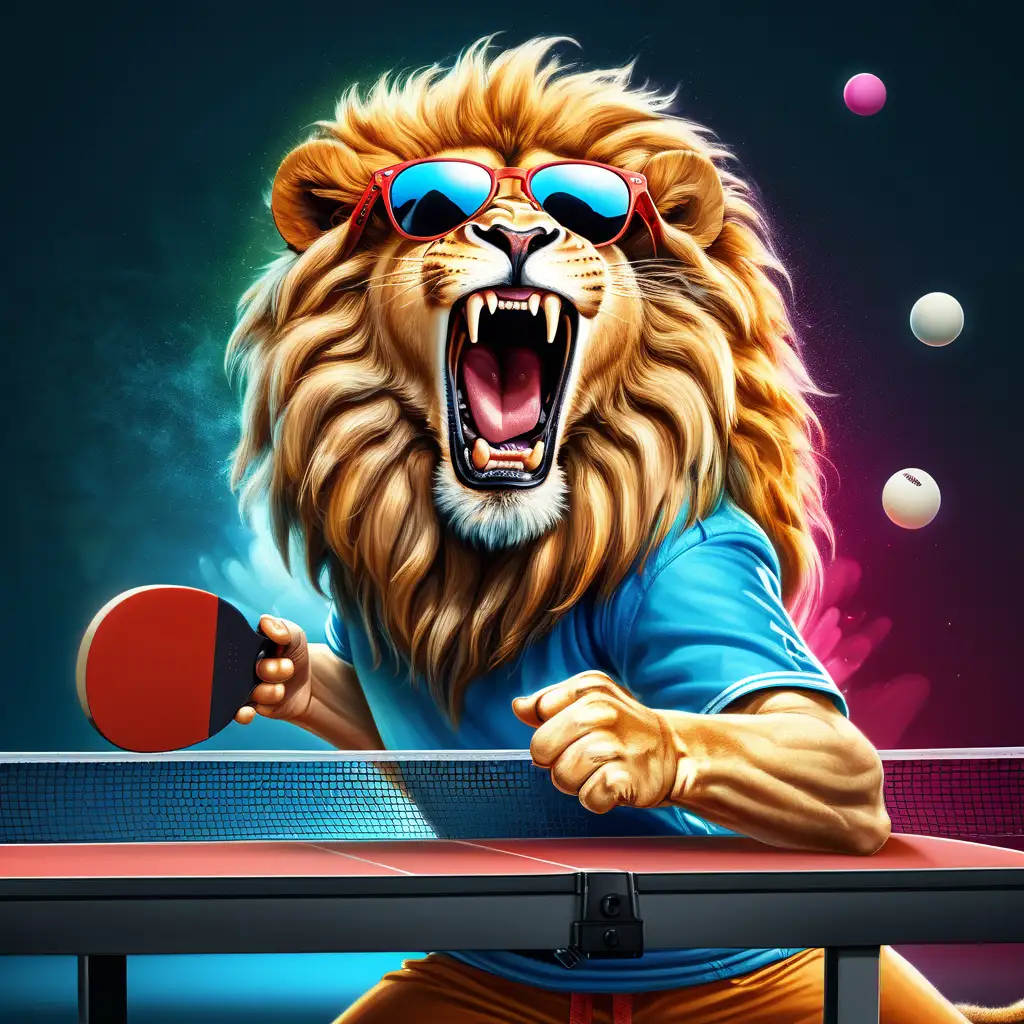 colorful lion roaring in hood and sunglasses
winning table tennis championship

