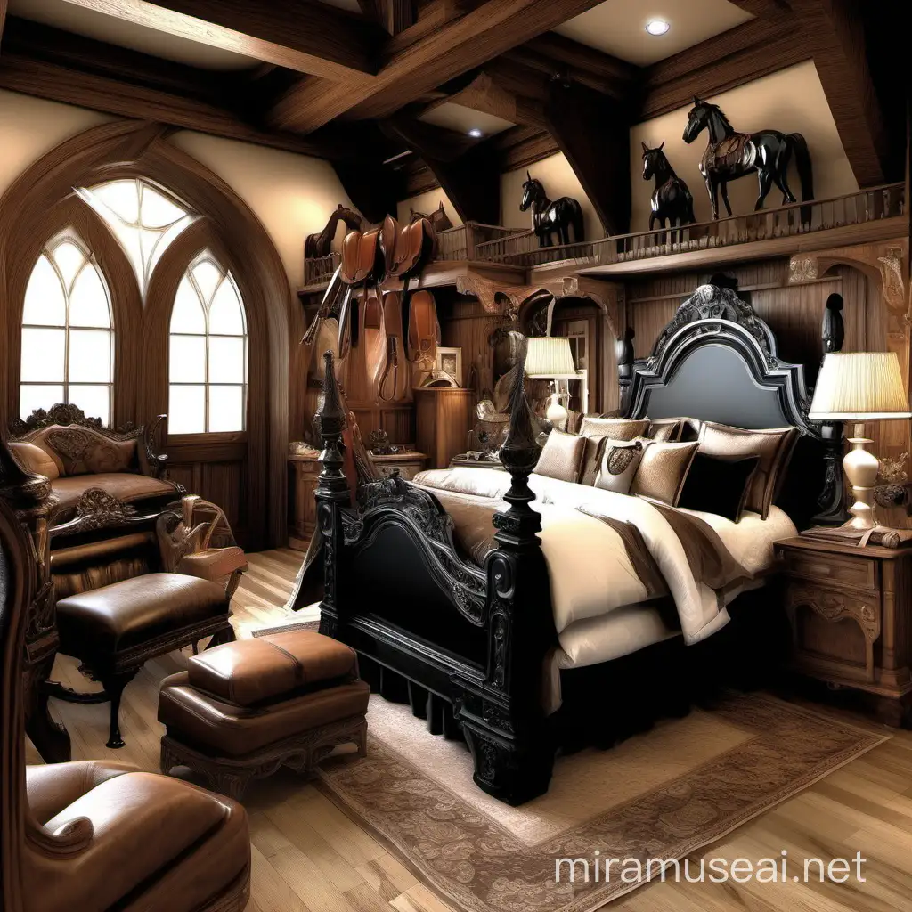 horse lovers bedroom. horses stuff everywhere. horse saddles. oak wood. fancy. black hardware.  very detailed.  realistic architecture. good quality.  magical. romantic. horse love. 
