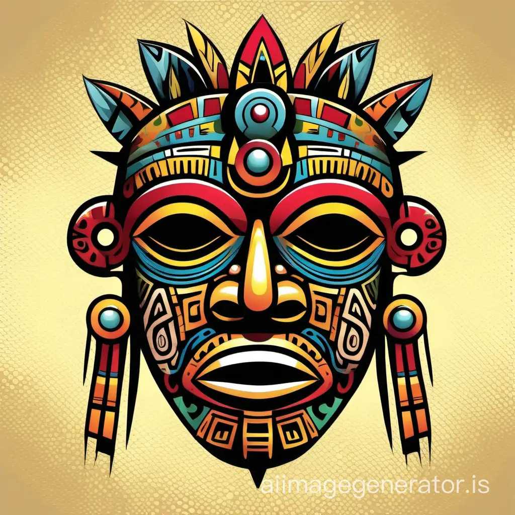Abstract cartoonish pop art design of a maya tribal mask, tshirt print design, with empty background