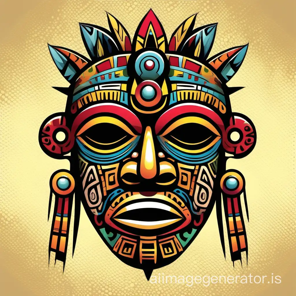 Abstract cartoonish pop art design of a maya tribal mask, tshirt print design, with empty background 