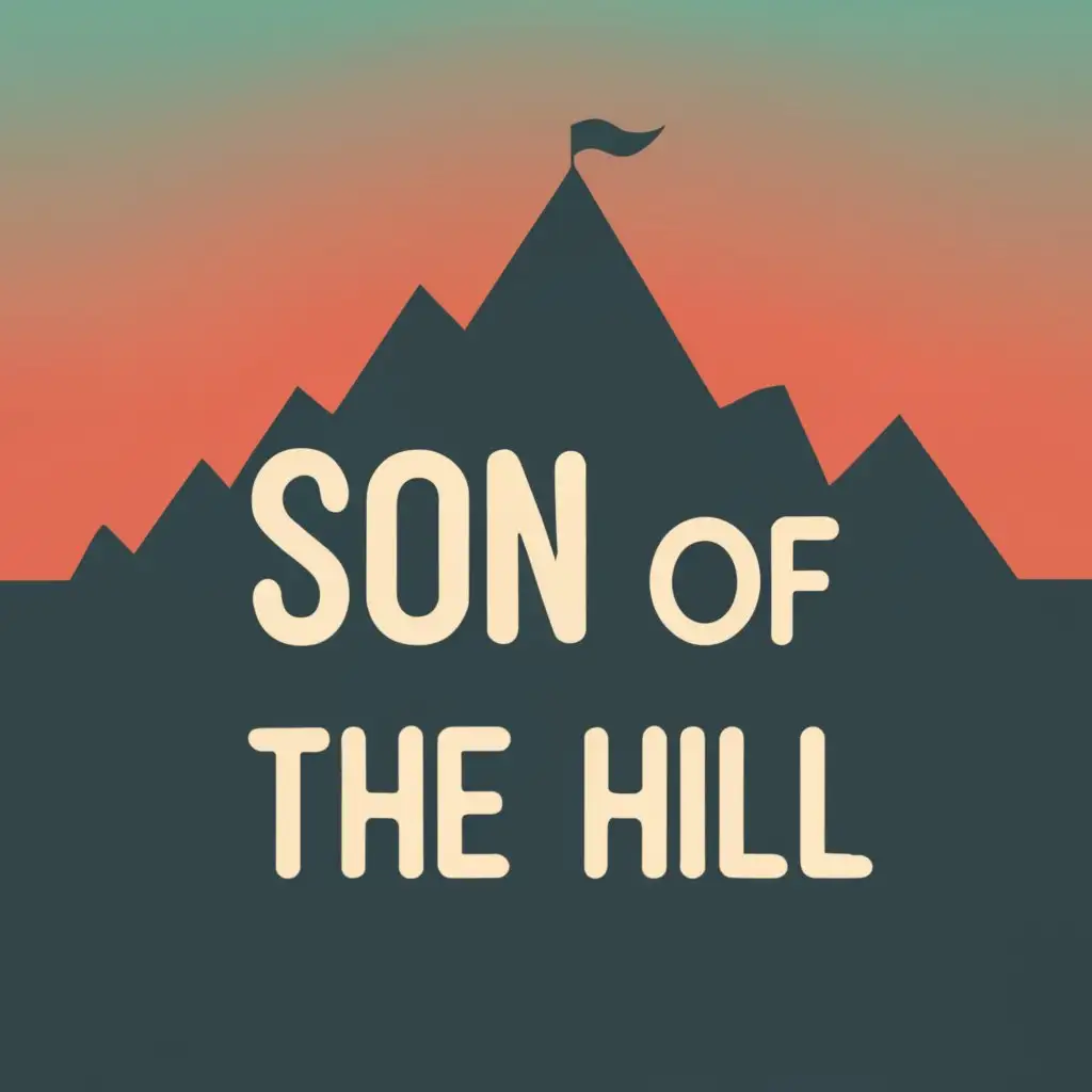 logo, beachside mountain with a sunset in the back, with the text "Son of the Hill", typography