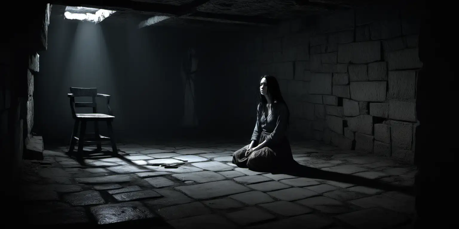 Lonely Woman in Oppressive Dungeon with Flickering Candlelight