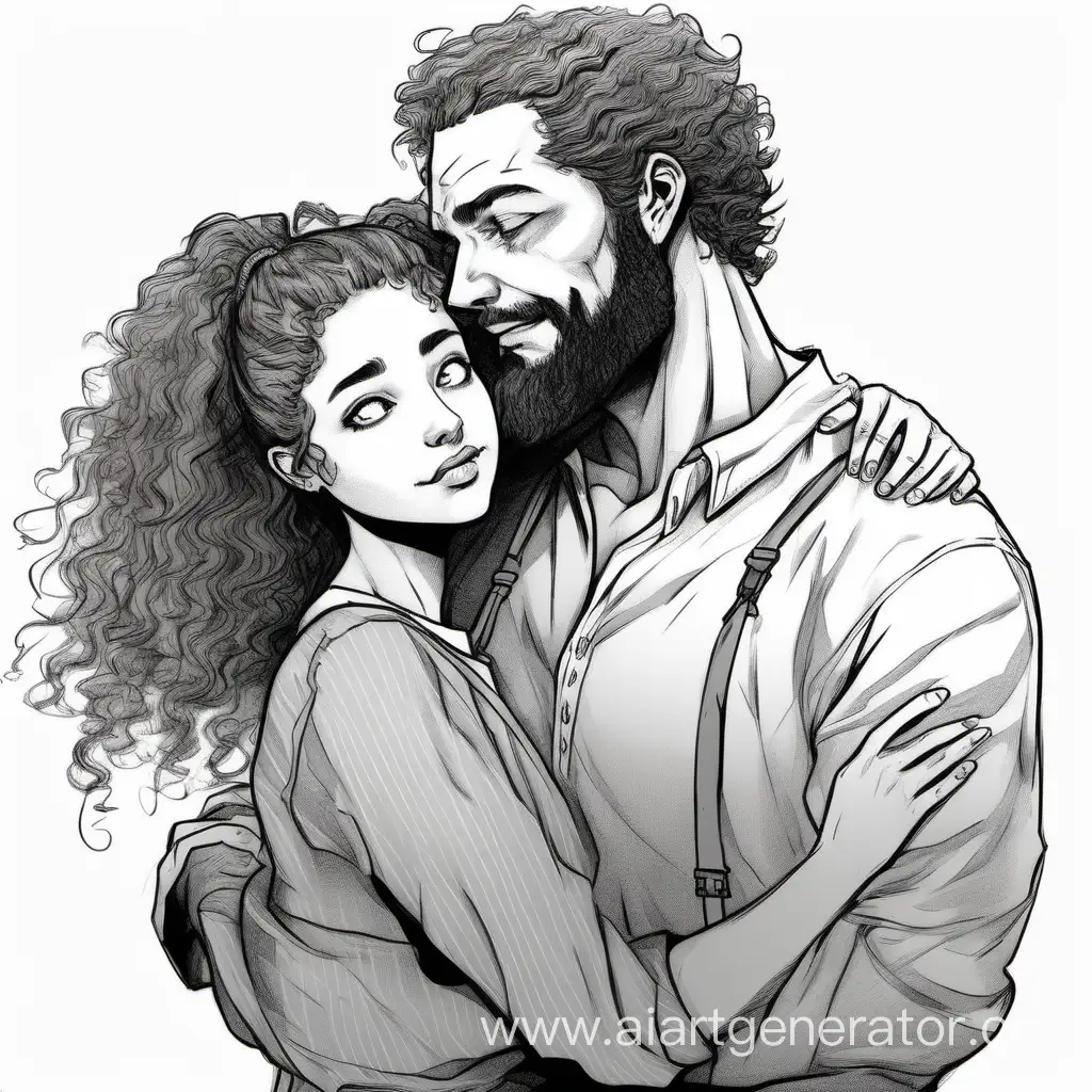 Strong-Man-Embracing-CurlyHaired-Girl-in-Light-Dress