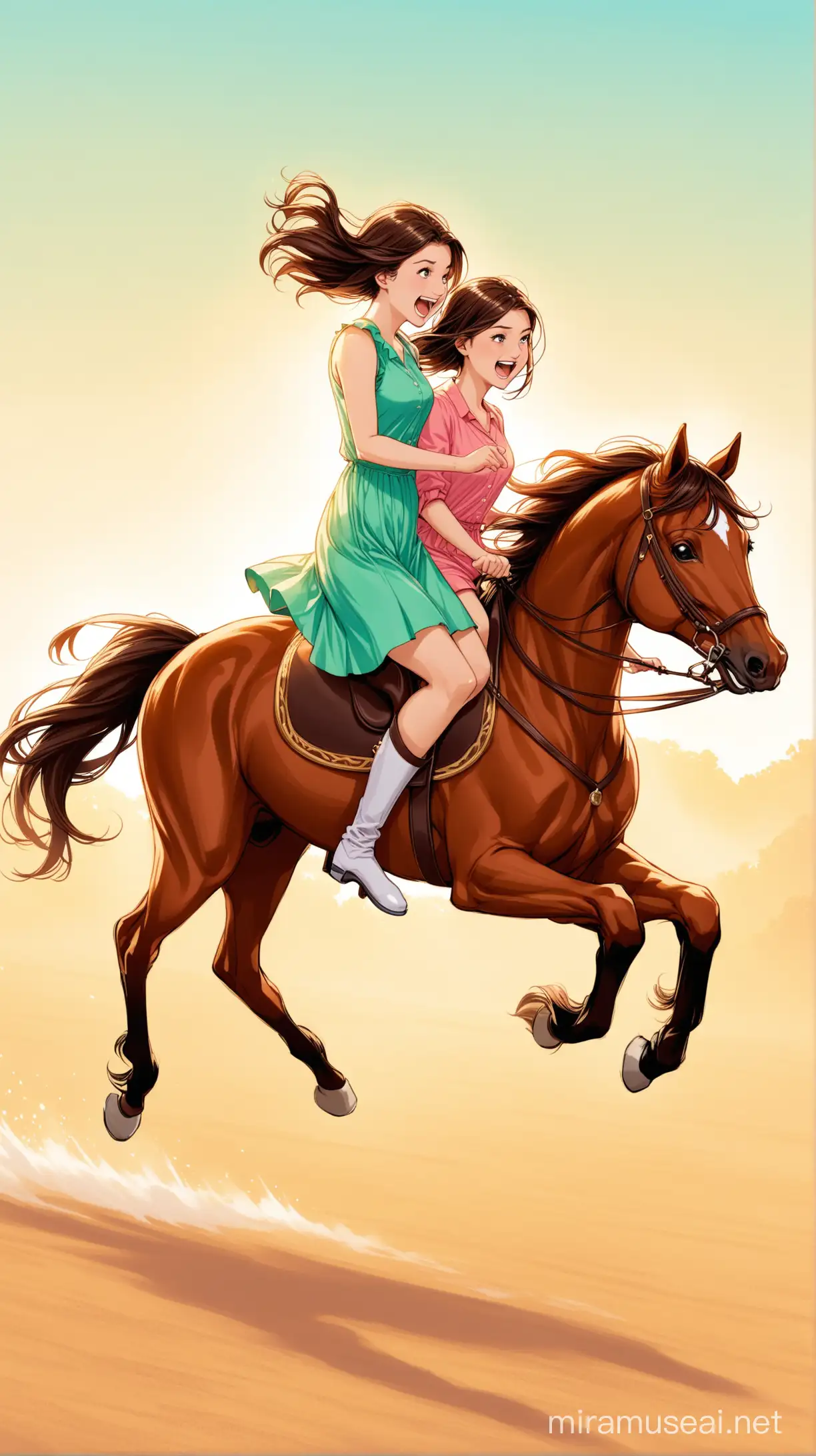 Joyful Girls Riding a Prancing Horse