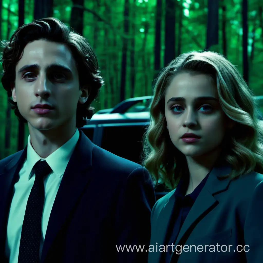 Actor Timothy Chalamet and actress Josephine Langford as FBI agents from the series The X-Files, cinematography, realism, 4k.