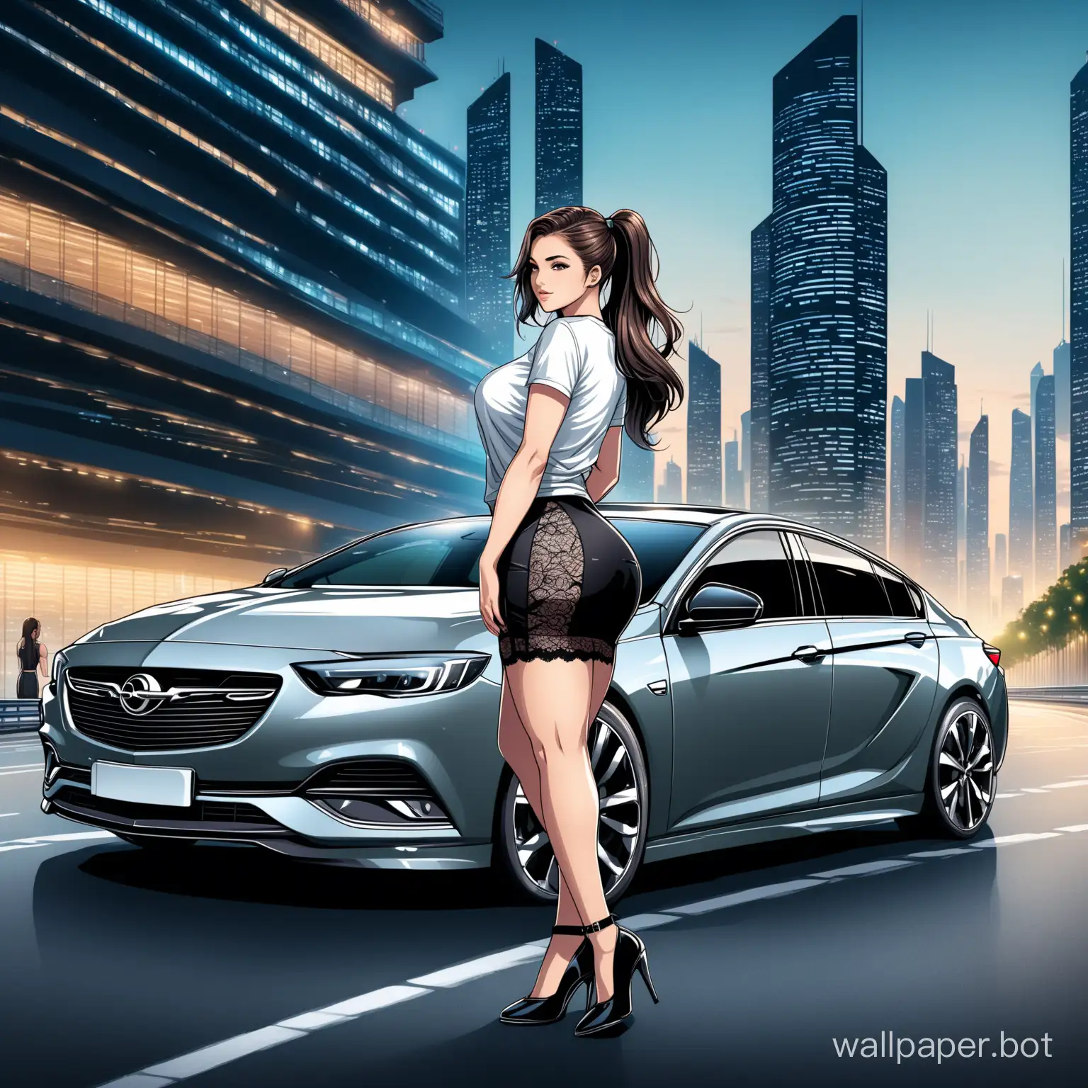Opel insignia grand sport car in dark grey color with a brunette curvy adult girl, hair in ponytail, in t-shirt with lace, skirt, high heels standing next to the car. Futuristic city backfround