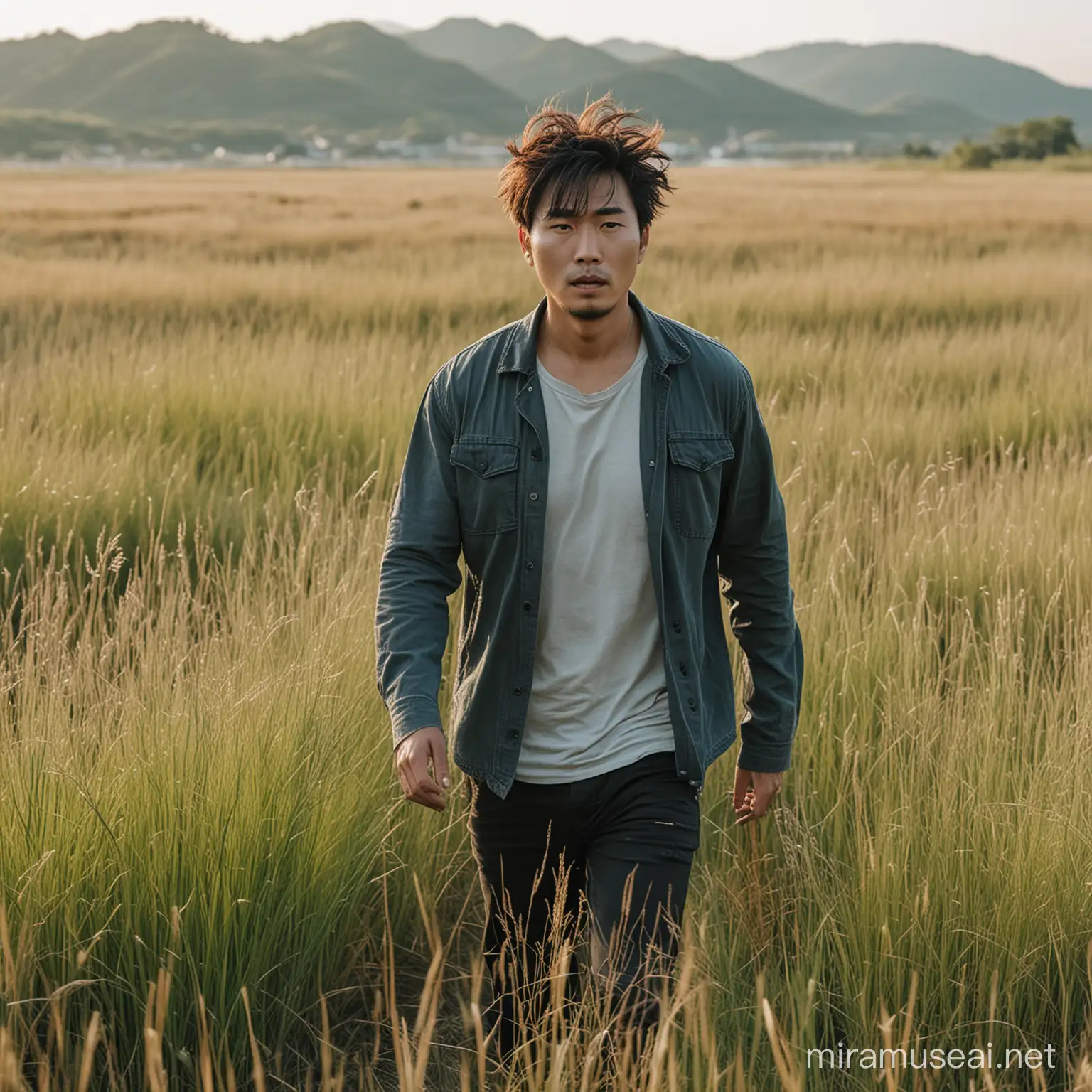 Korean Man Walking Alone Through Tall Grass Field in Cinematic Style