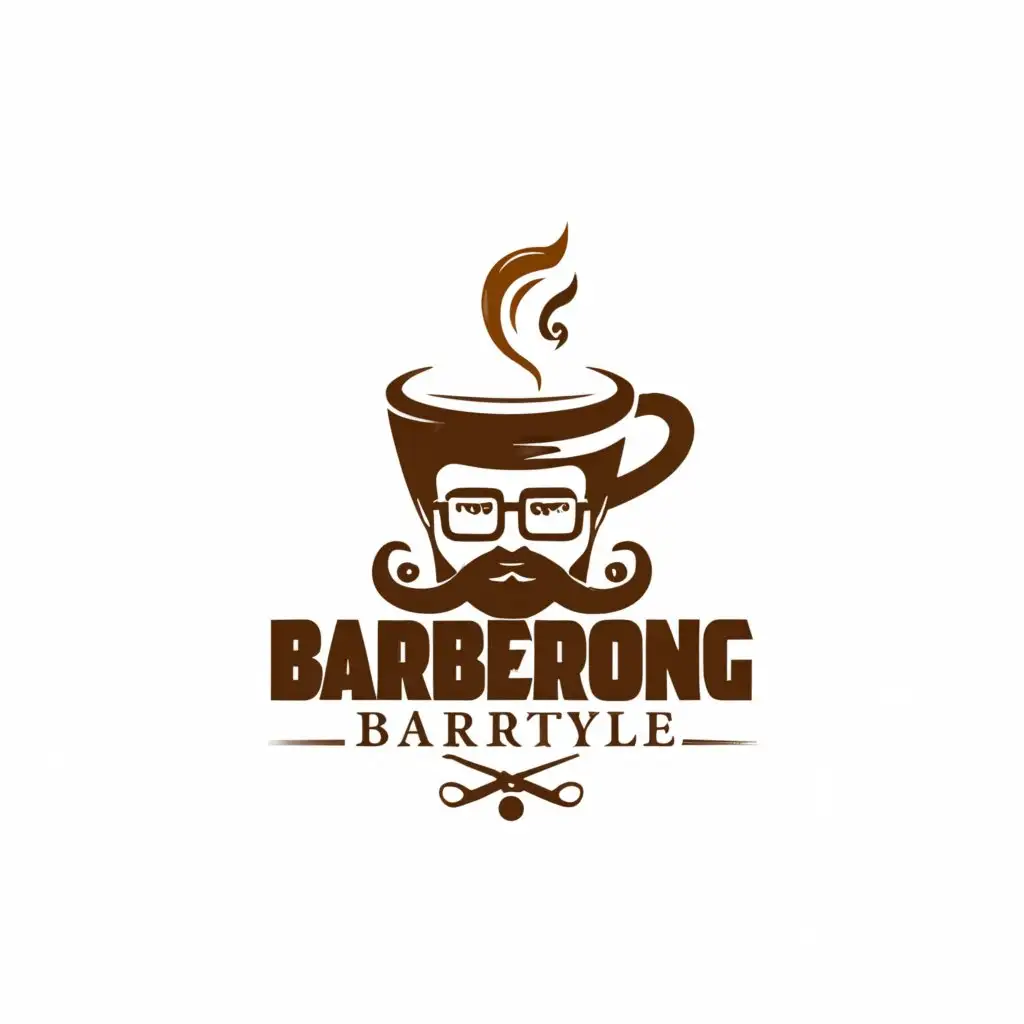 LOGO-Design-For-Barberong-Barista-Coffee-Cup-with-Barber-Hairstyle-Smoke-and-Scissor-Element