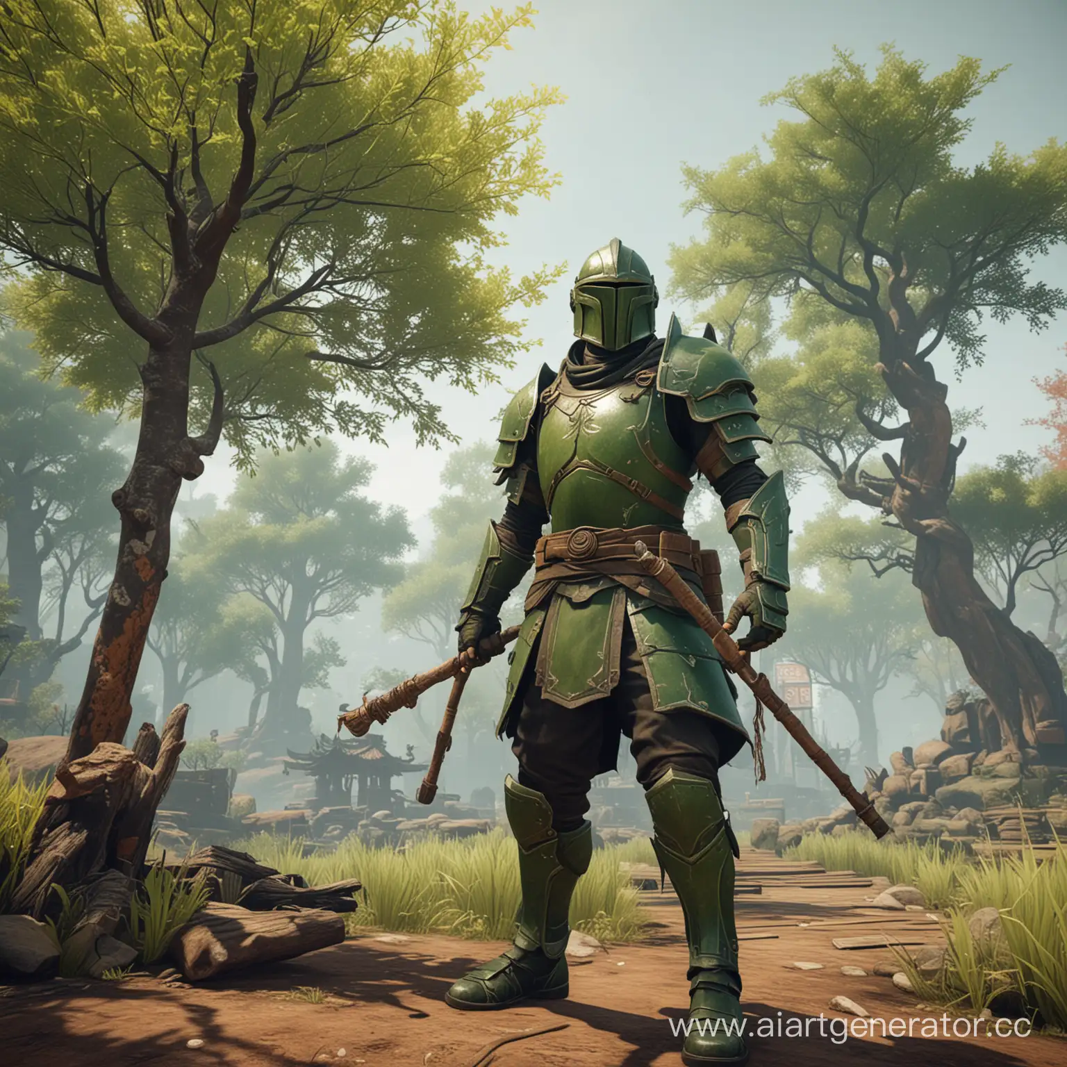 RUST-Game-Warrior-in-Green-Armor-with-Wooden-Staff-and-Chinese-Tree-Background