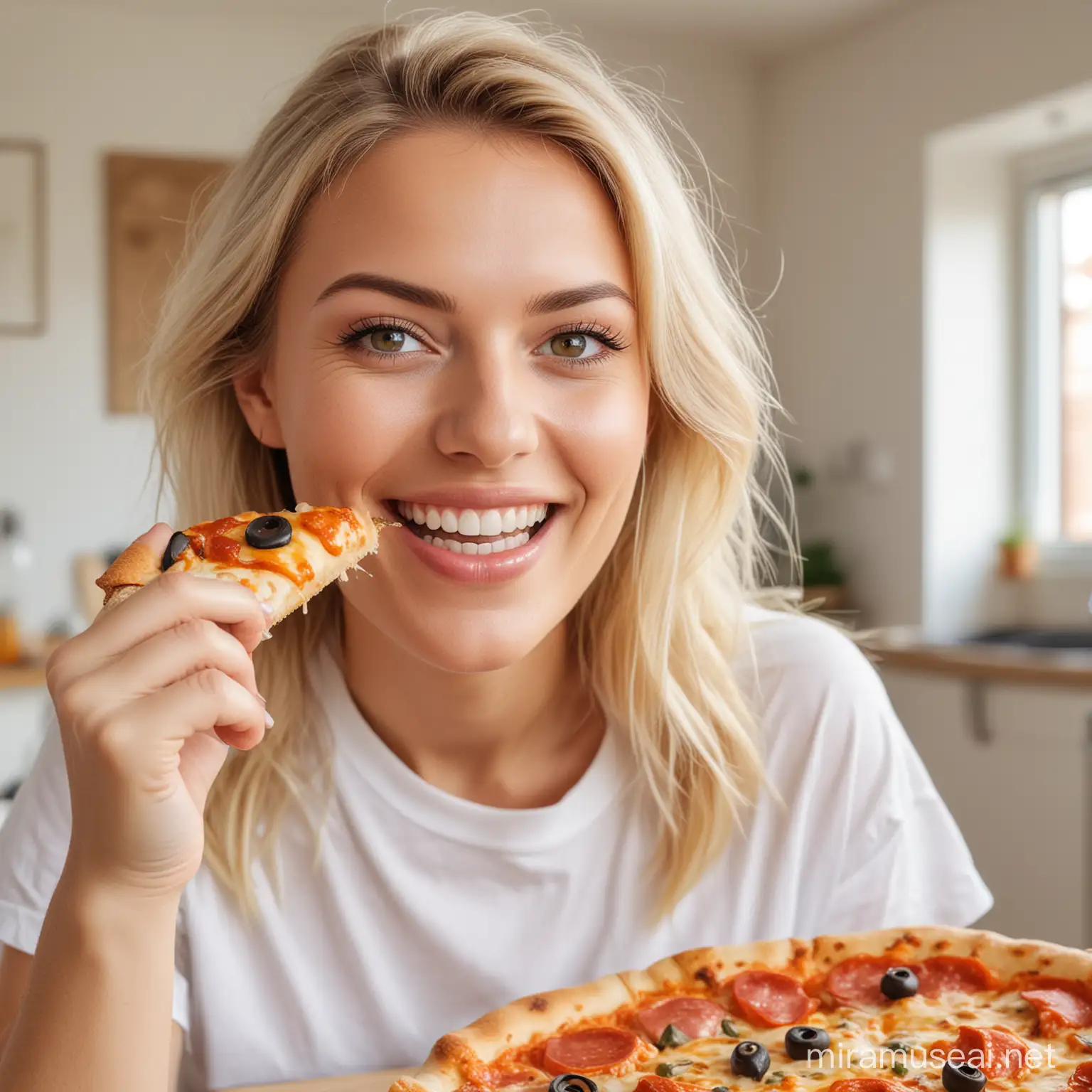 Erstelle mir ein Bild von einer blonden Frau, die Zuhause gerade ein Pizza Stück isst, dabei ihre Augen offen hat und strahlt und sehr glücklich aussieht. Im Hintergrund sieht man eine moderne helle Wohnung. 