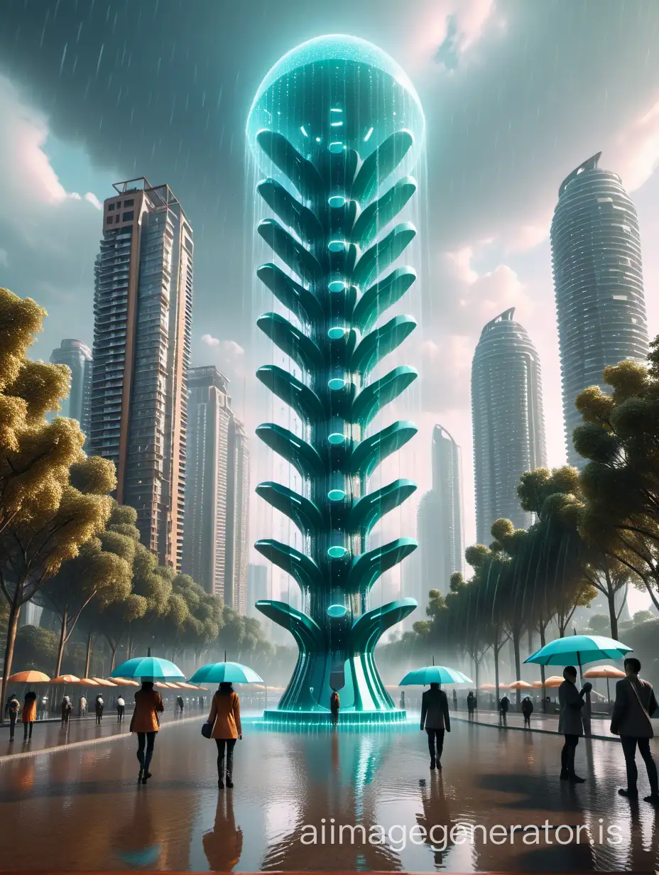 year 2050, one futuristic  parametric  designed  like totem collecting rain water in city while it rains, sunny day, people taking water from base of totem